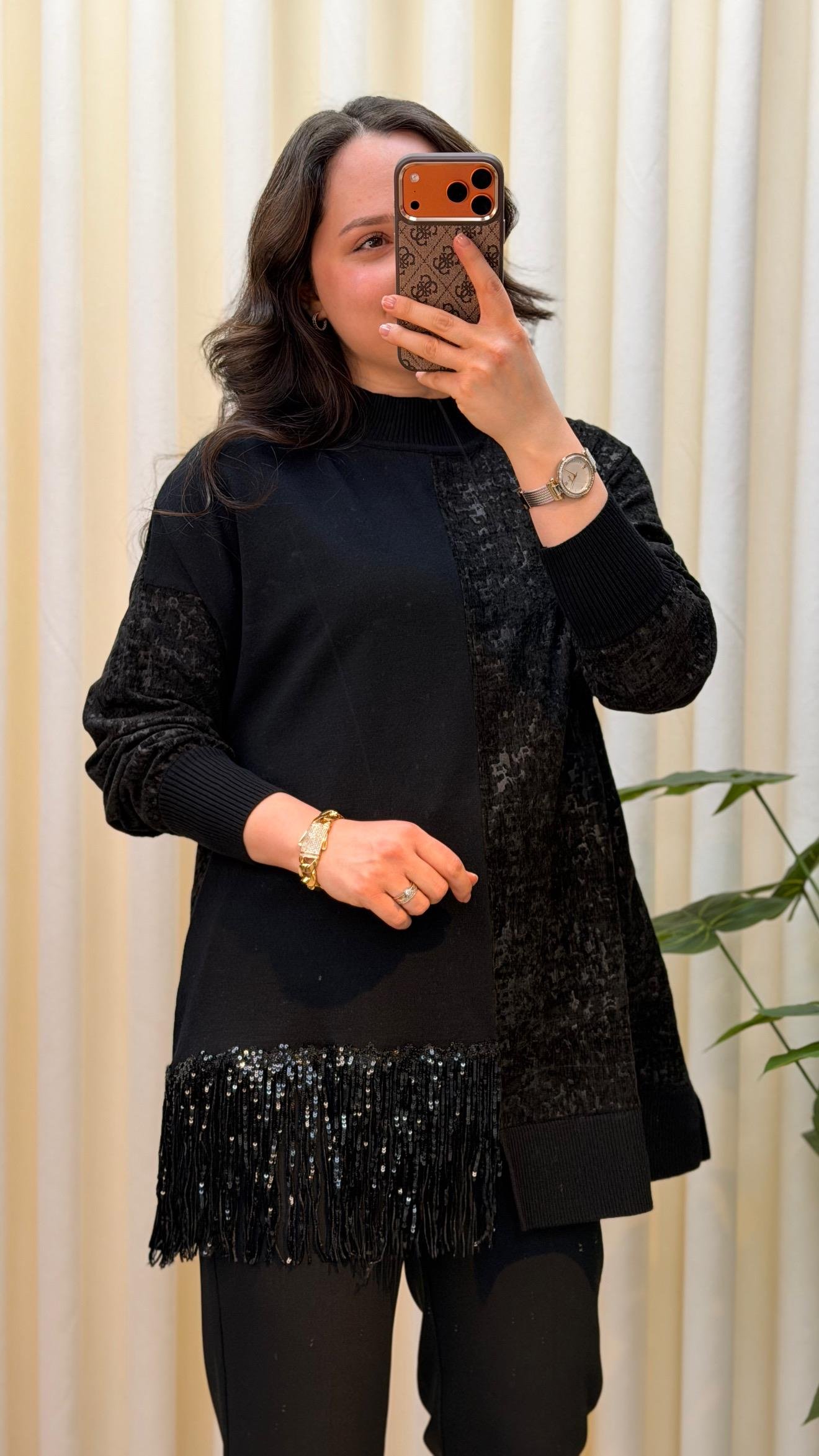 GHİSA KADİFE BLOK GEÇİŞLİ TUNİK 4204 SİYAH