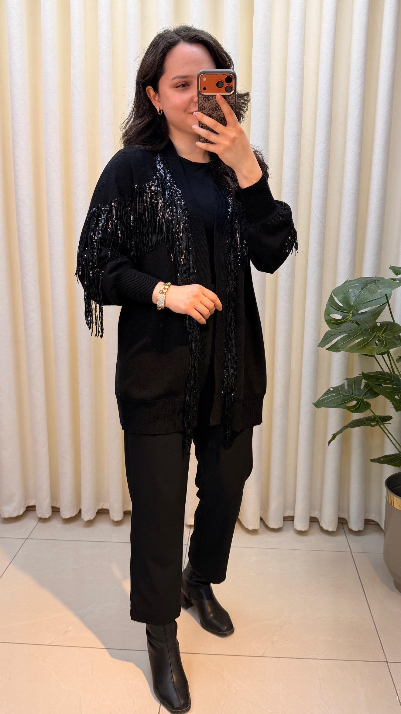 GHİSA PUL PAYET PÜSKÜLLÜ HIRKA 3761 SİYAH