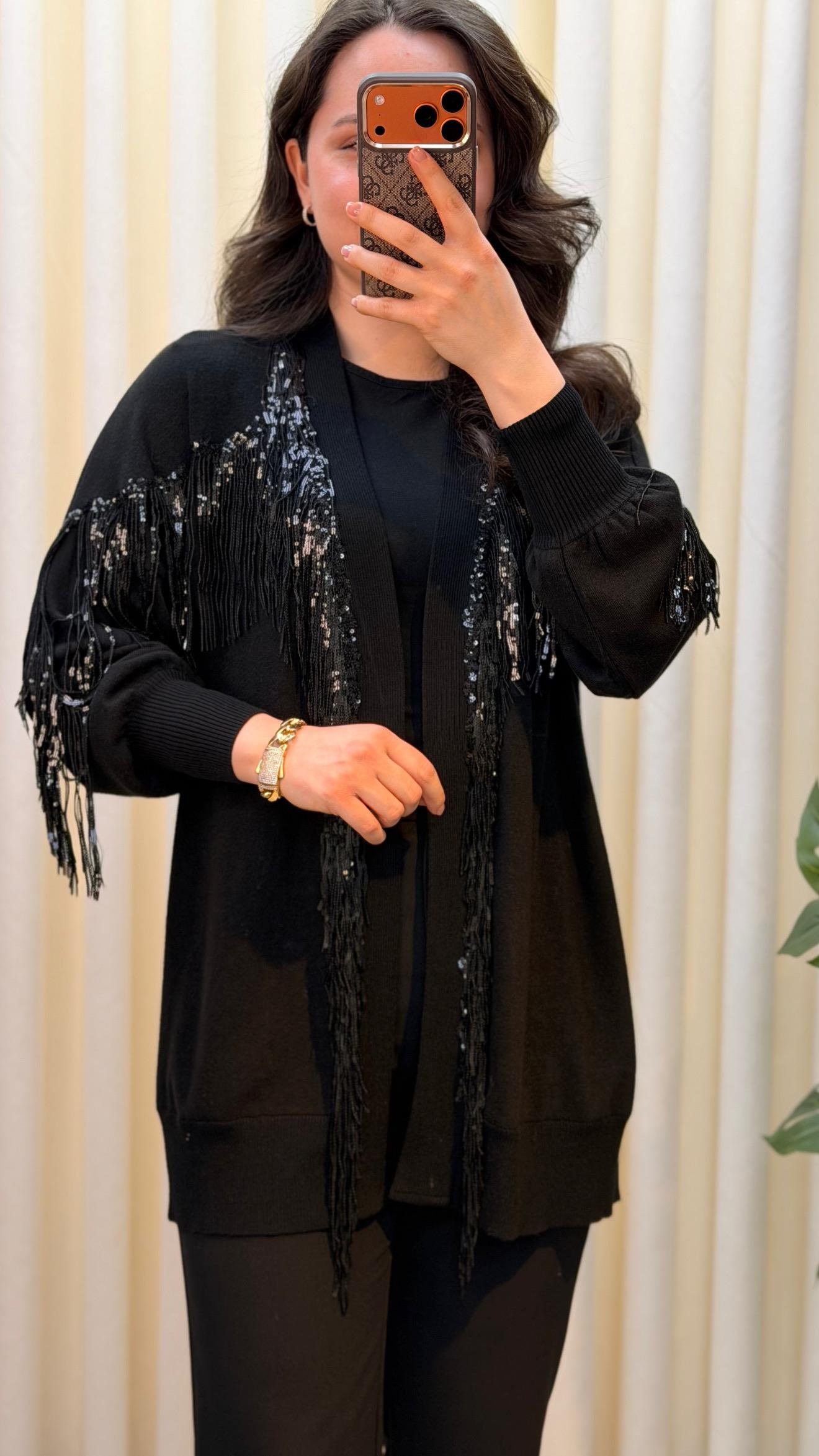 GHİSA PUL PAYET PÜSKÜLLÜ HIRKA 3761 SİYAH