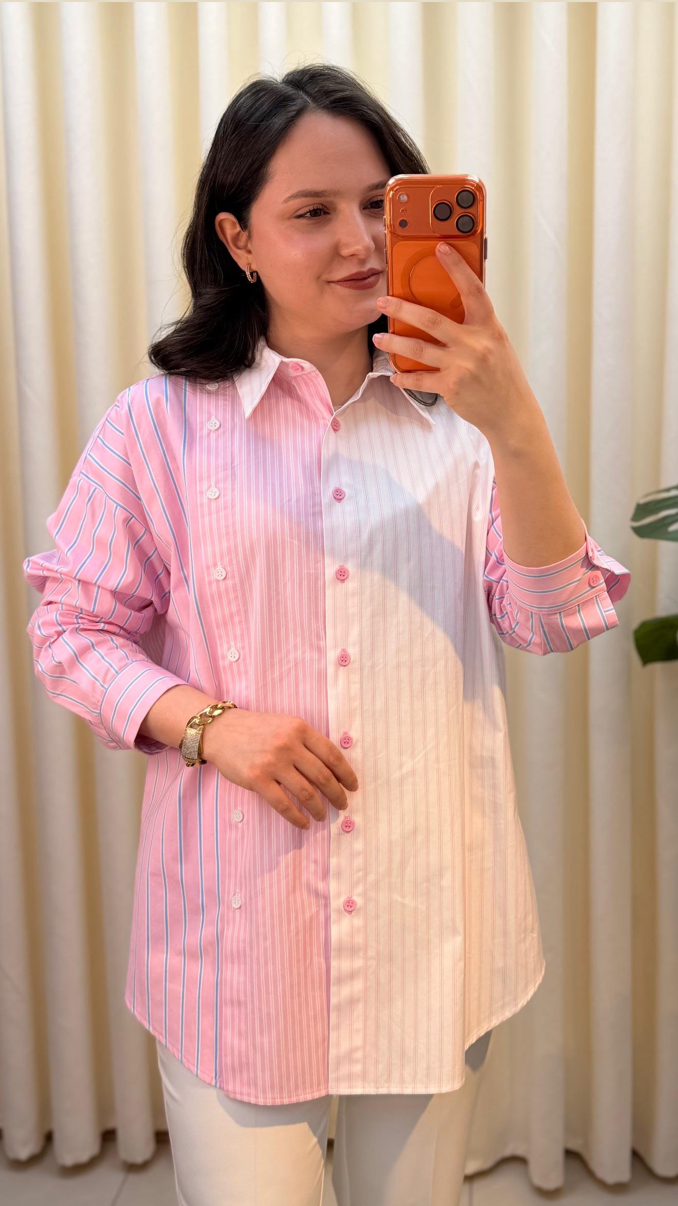 TIĞ TRİKO ÇİZGİ DESEN MİXLİ ÇİFT SIRA GÖMLEK 4027 PEMBE