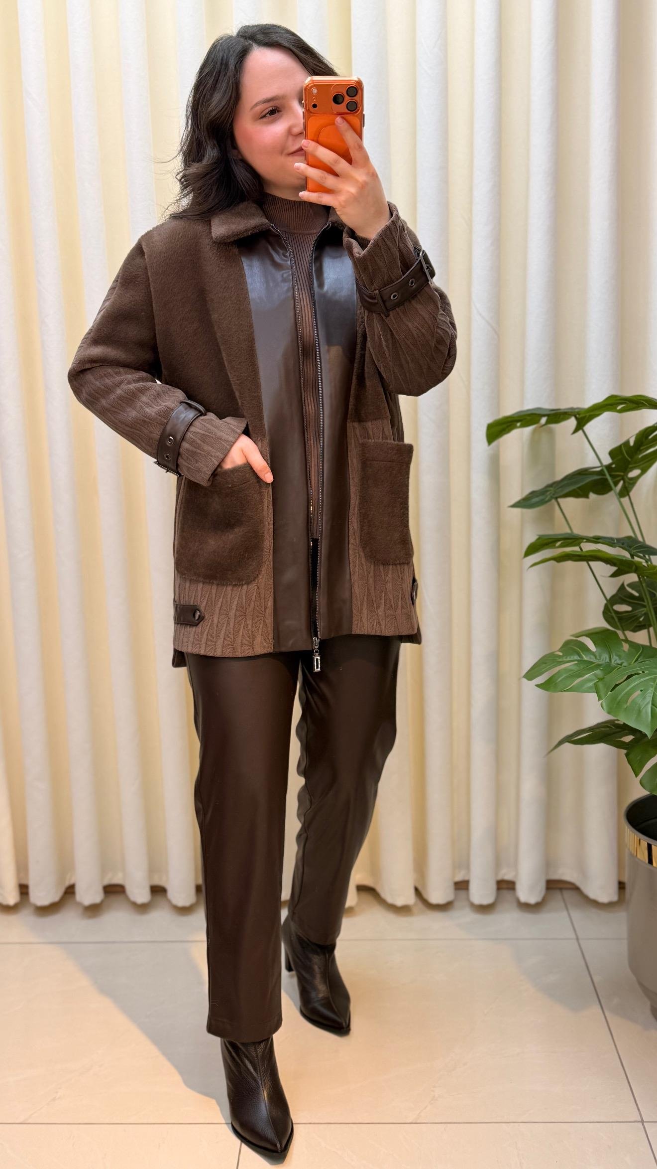 TIĞ TRİKO DERİ VE KÜRK KOMBİNLİ KABAN 6014 KAHVE