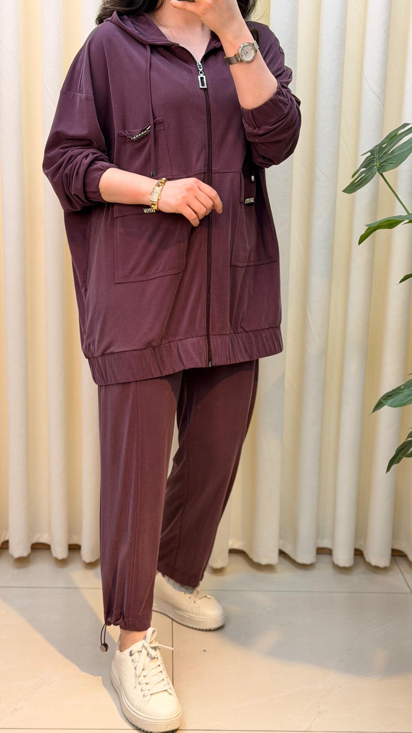 TIĞ TRİKO RAHAT KESİM PANTALONLU KAPÜŞONLU TAKIM 5128 BORDO