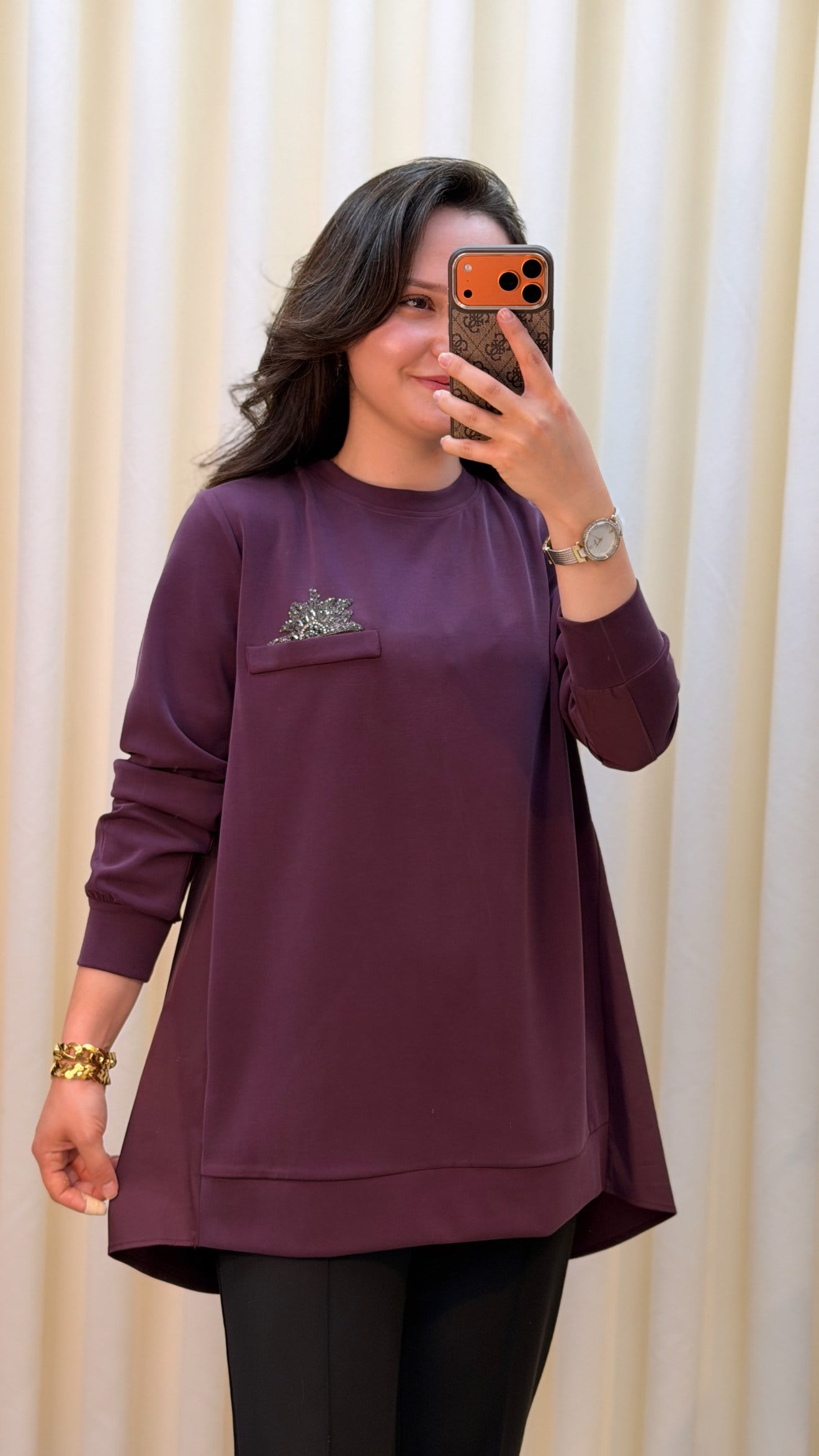 TIĞ TRİKO TAŞ AKSESUARLI ARKASI PİLELİ TUNİK 4125 MÜRDÜM