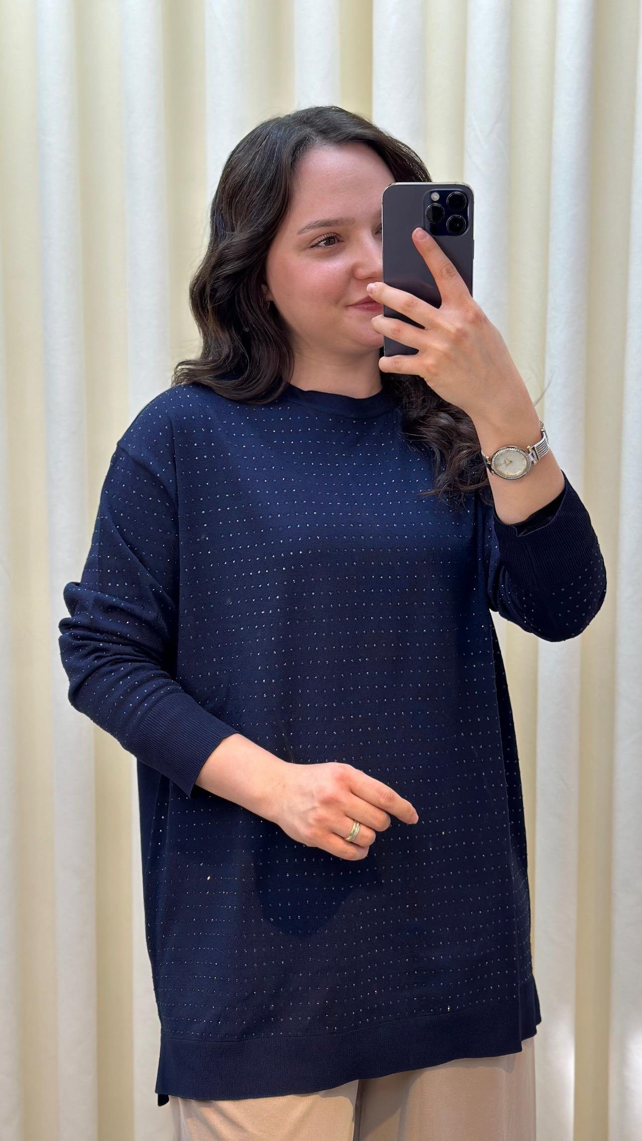 TIĞ TRİKO TAŞ BASKILI RAYON TUNİK 21717  LACİVERT 