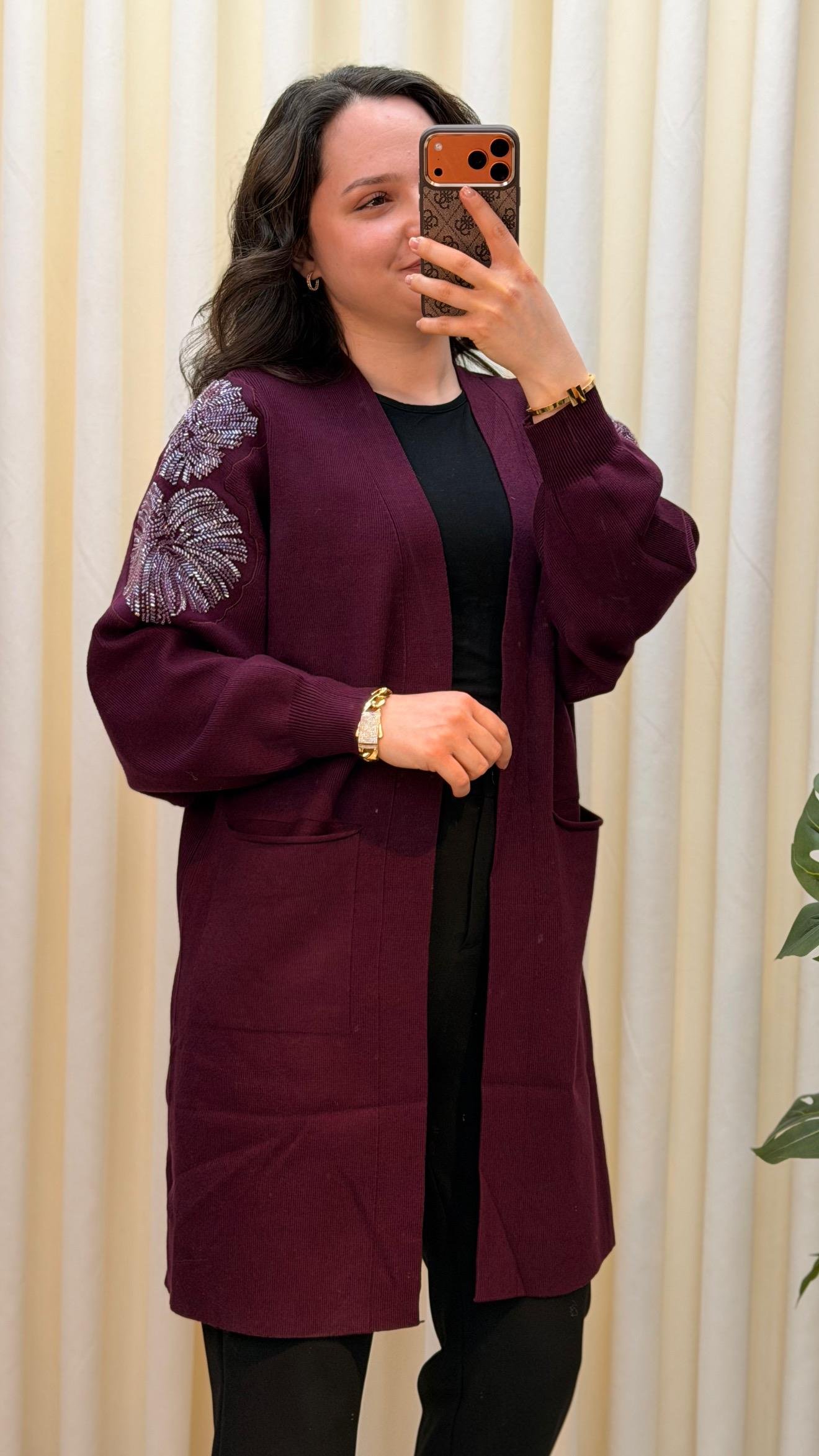 TIĞ TRİKO YAPRAK İŞLEMELİ HIRKA 21747 BORDO