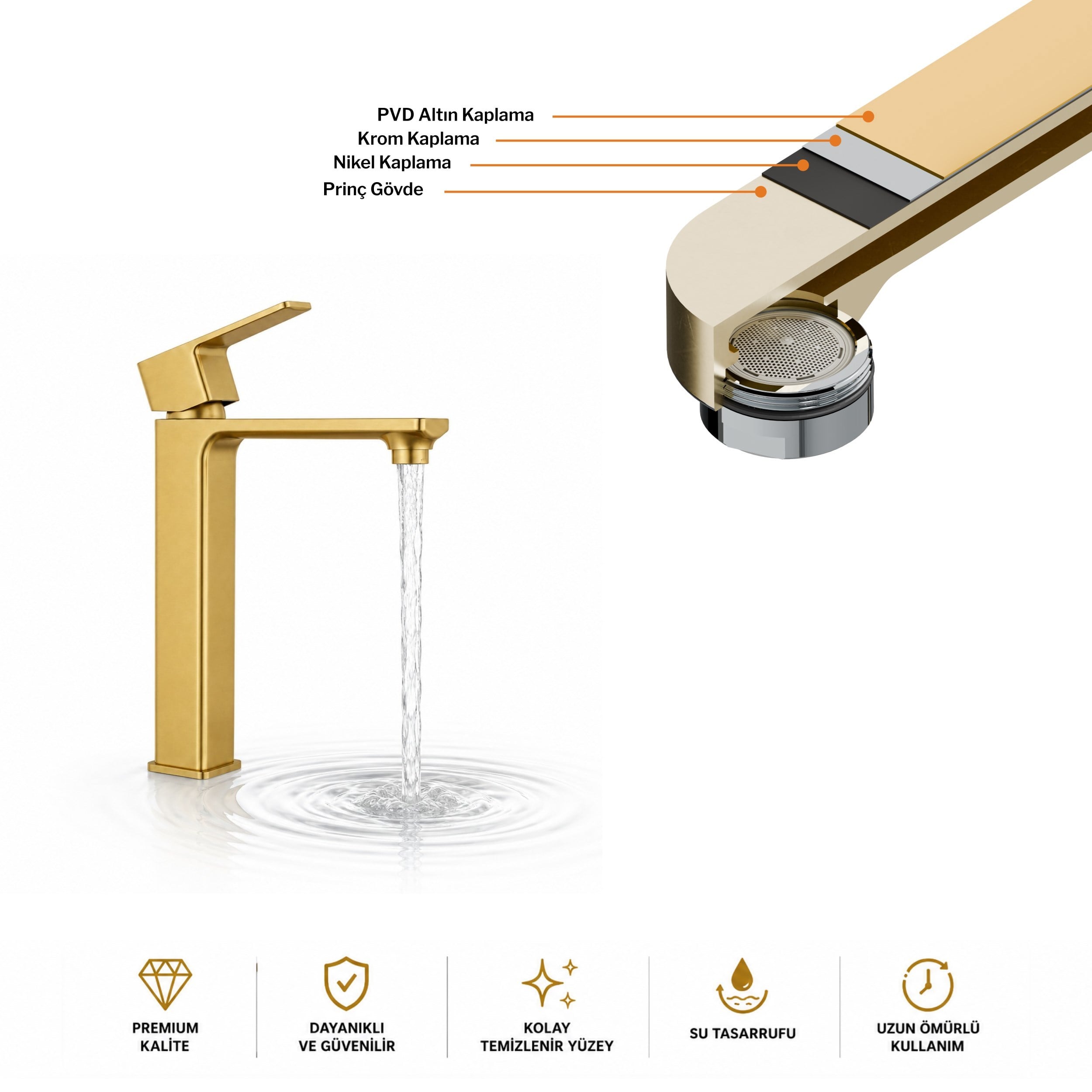 Adell Bloc Uzun Lavabo Bataryası Mat Altın Fırçalı (Brushed Gold) Modern Lavabo Musluğu | 159401518