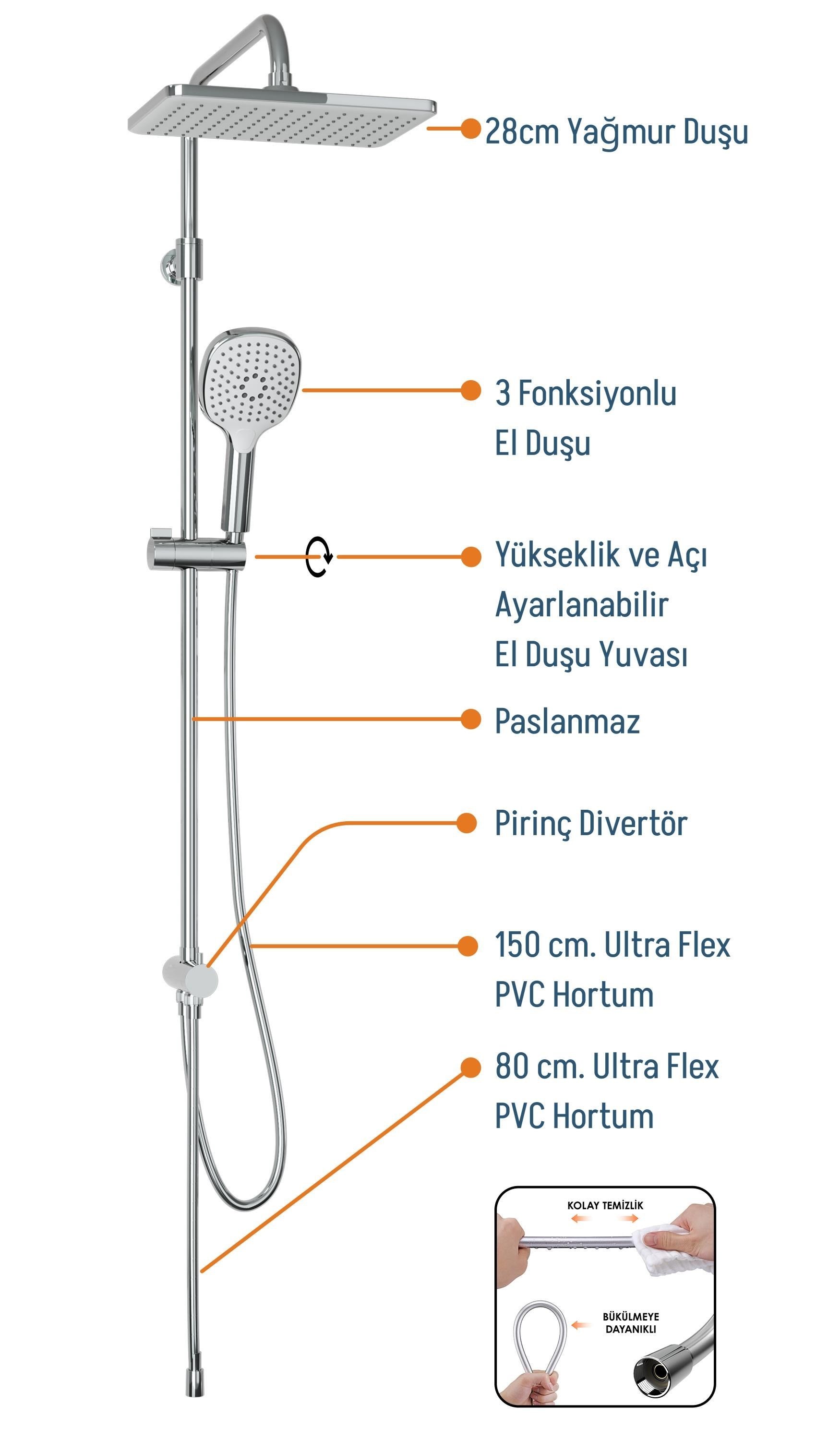 Adell Mode S Rain Tepe Duş Seti – Kare 25 cm, 3 Fonksiyonlu, Krom (Bataryasız) | 15780191