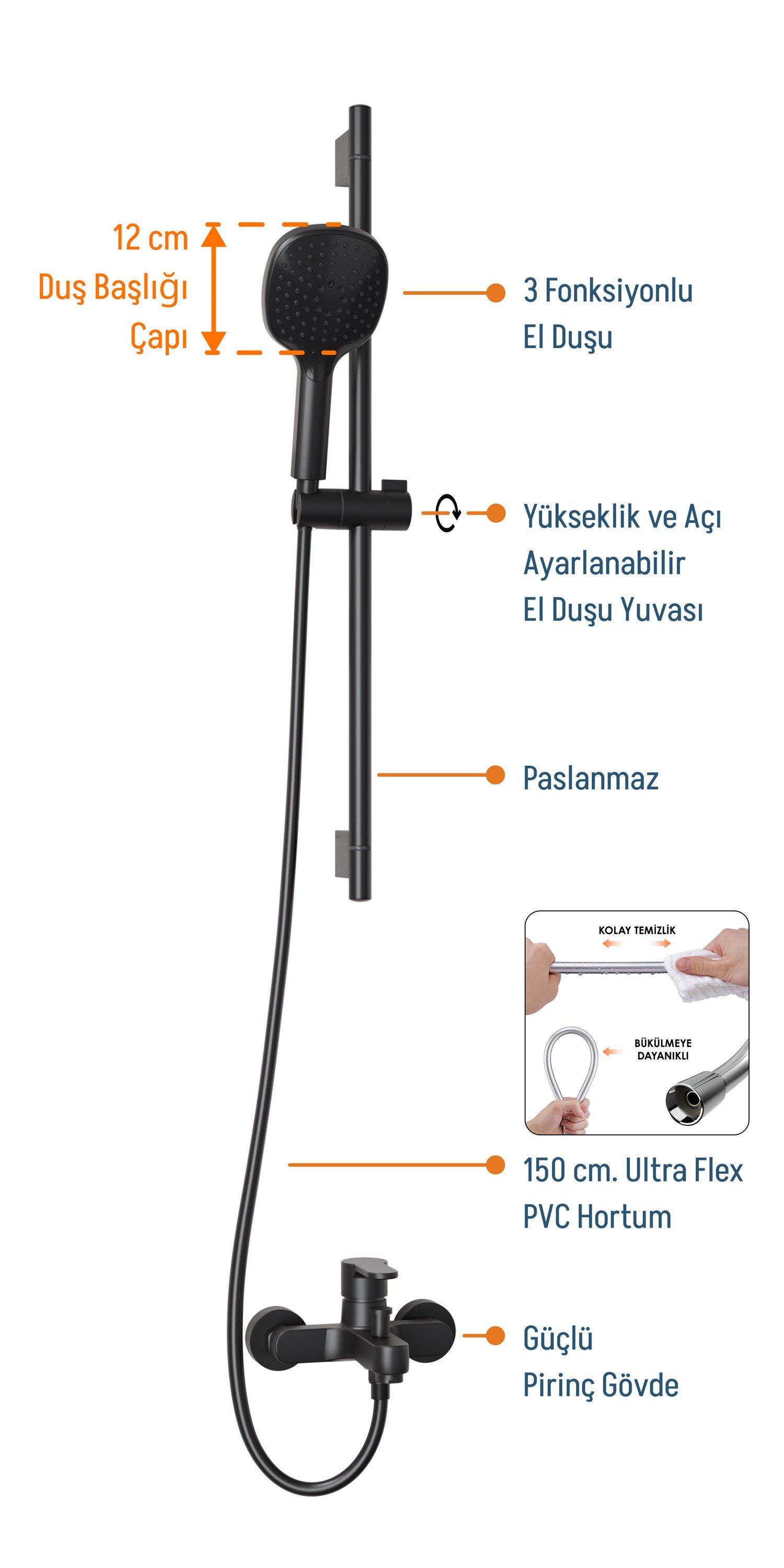 Adell Mode S Sürgülü Duş Seti + Lento Banyo Bataryası – Mat Siyah  | 2 Parça Tam Set |