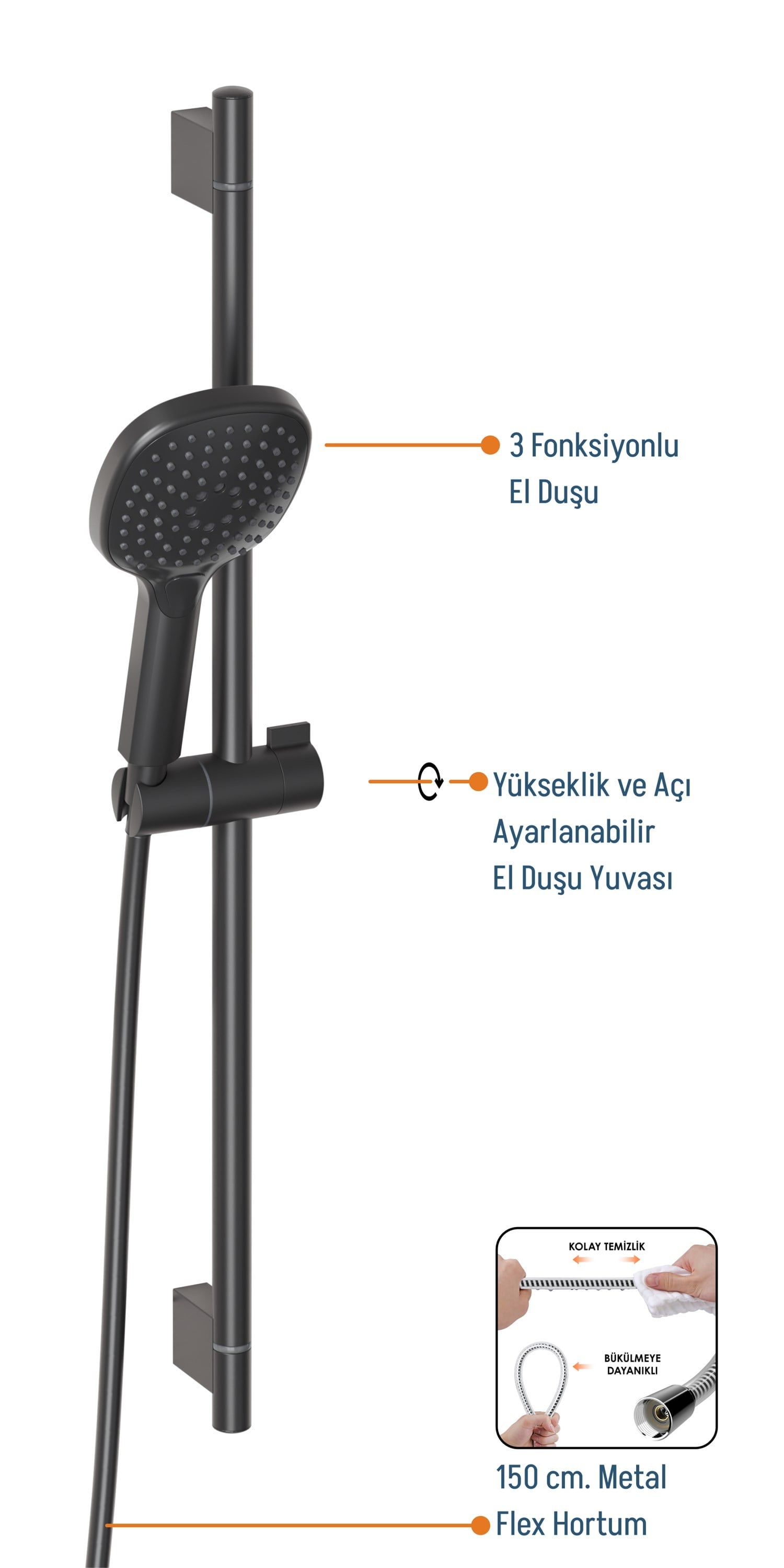 Adell Mode S Sürgülü Duş Seti – Mat Siyah  | 3 Fonksiyonlu El Duşu | PVC Flex Hortum | 157820224
