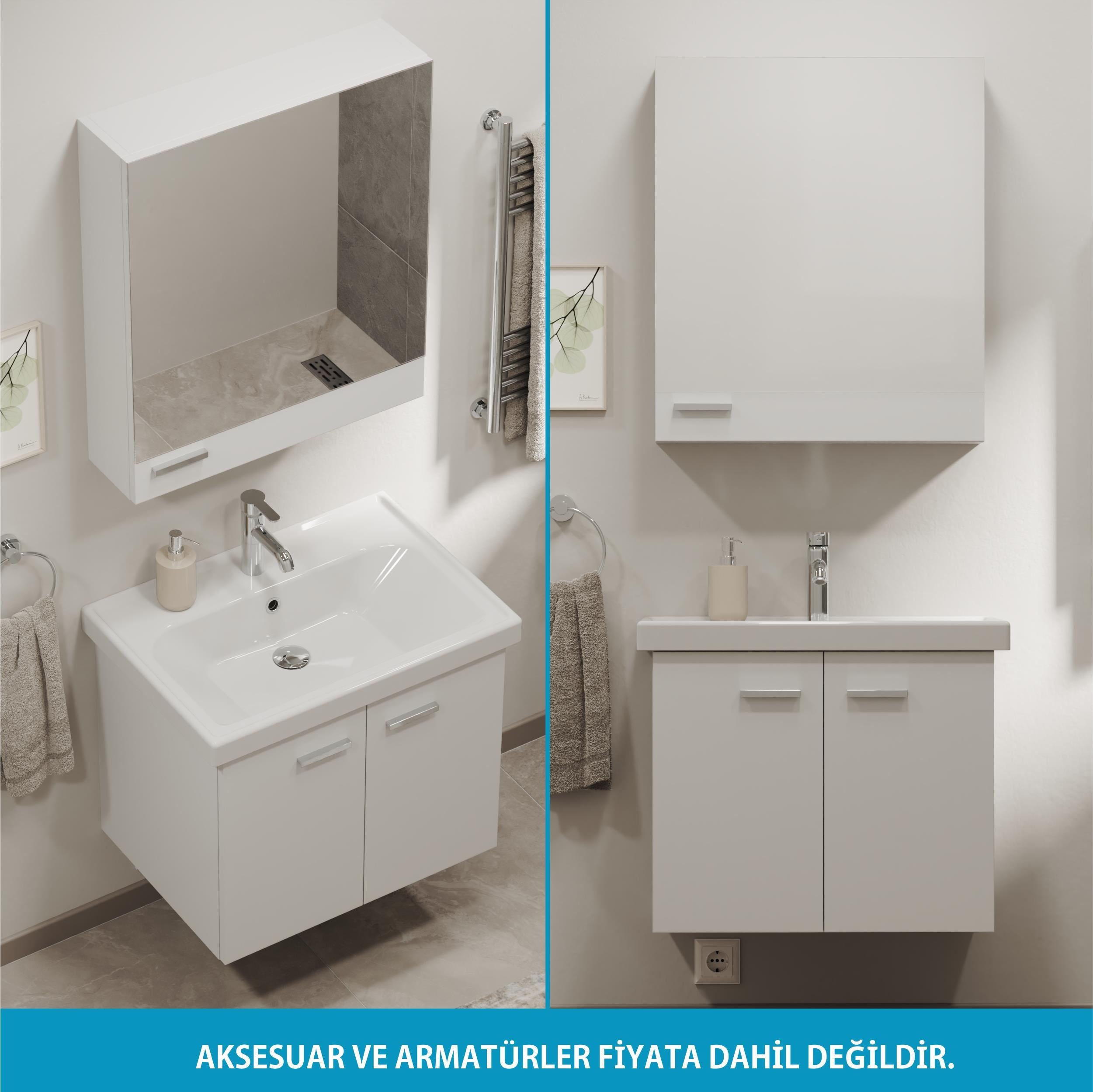 Aqua Bagno Basic Alt dolap + Üst dolap -Lavabo 65 cm.- Beyaz