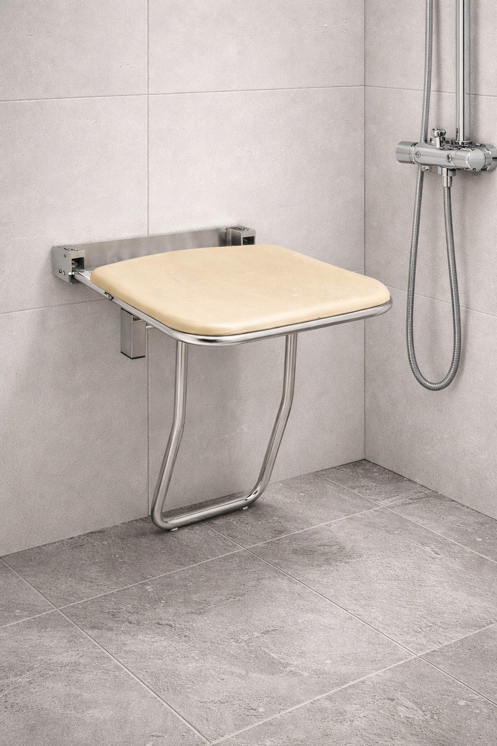 Aqua Bagno Basic Engelli Duş Oturağı Paslanmaz Çelik Mat Krom Zemin Destekli Katlanır