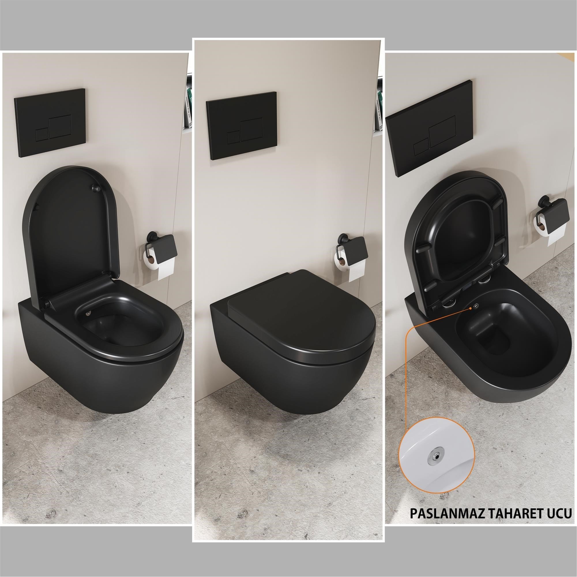 Aqua Bagno Cocon 2.0 Kanalsız Asma Klozet 49 cm - Yavaş Kapanır Kapaklı 2 Parça Set – Mat Siyah | S.10466.10468