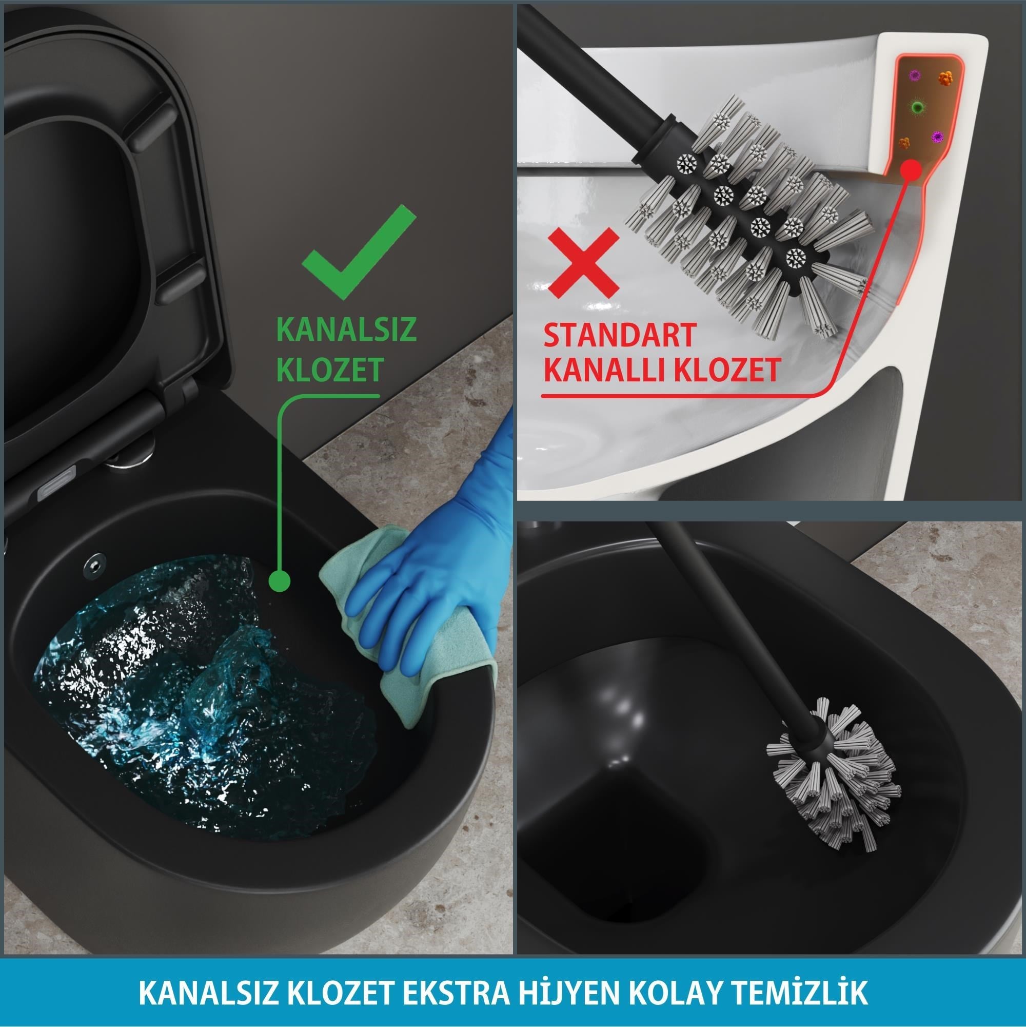 Aqua Bagno Cocon 2.0 Kanalsız Asma Klozet 49 cm - Yavaş Kapanır Kapaklı 2 Parça Set – Mat Siyah | S.10466.10468