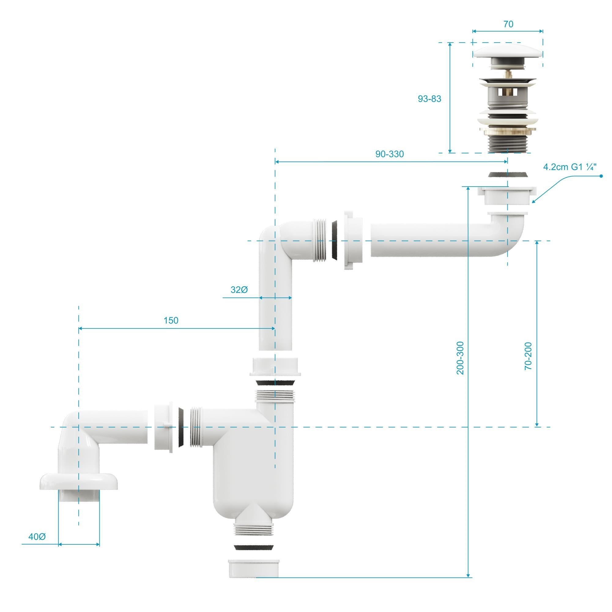 Aqua Bagno Comfort yer kazandıran lavabo sifonu +  Pop-up Sifon, Beyaz Seramik Başlıklı ,Taşma Delikli,  (1 -1/4) | 90.99.07.01.01