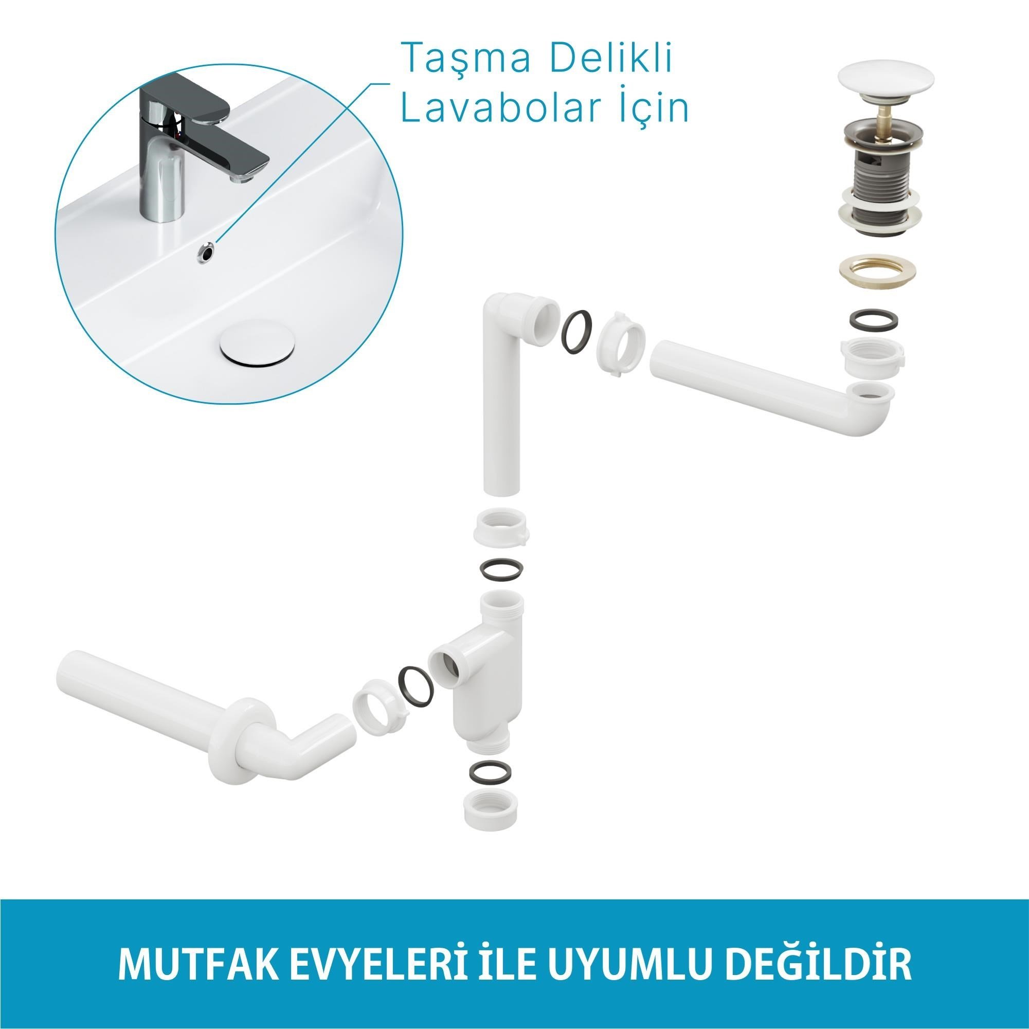 Aqua Bagno Comfort yer kazandıran lavabo sifonu +  Pop-up Sifon, Beyaz Seramik Başlıklı ,Taşma Delikli,  (1 -1/4) | 90.99.07.01.01