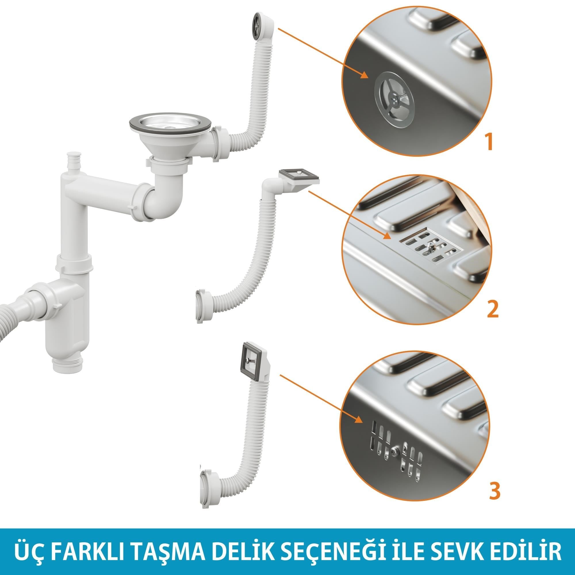Aqua Bagno Comfort Yer Kazandıran Mutfak Eviye Sifonu, Kolay Temizlenir, Ayarlanabilir Koku Önleyici Gider Borulu,11,5 cm Eviye Giriş | 90.99.70.01.02