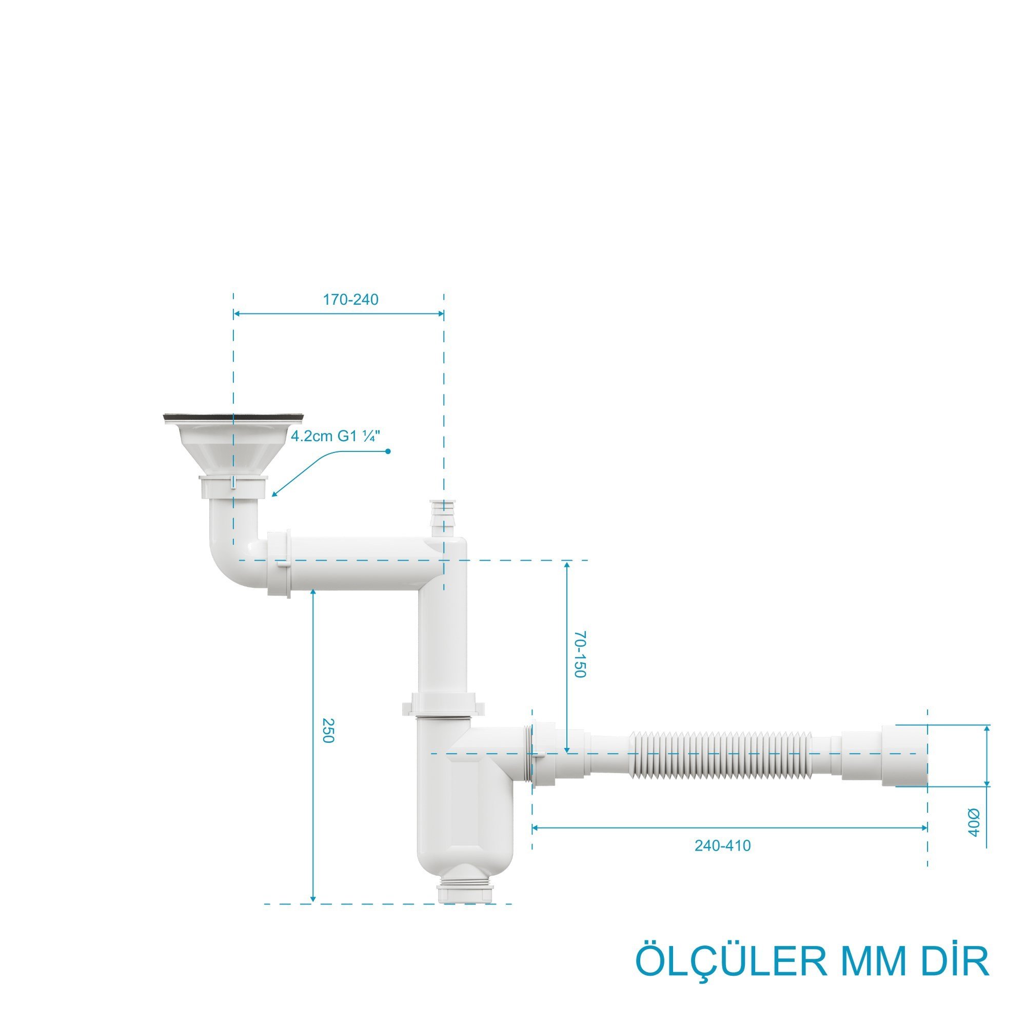Aqua Bagno Comfort Yer Kazandıran Taşma Deliksiz Mutfak Eviye Sifonu – Kolay Temizlenir, Ayarlanabilir Koku Önleyici Gider Borulu-90.99.70.02.01