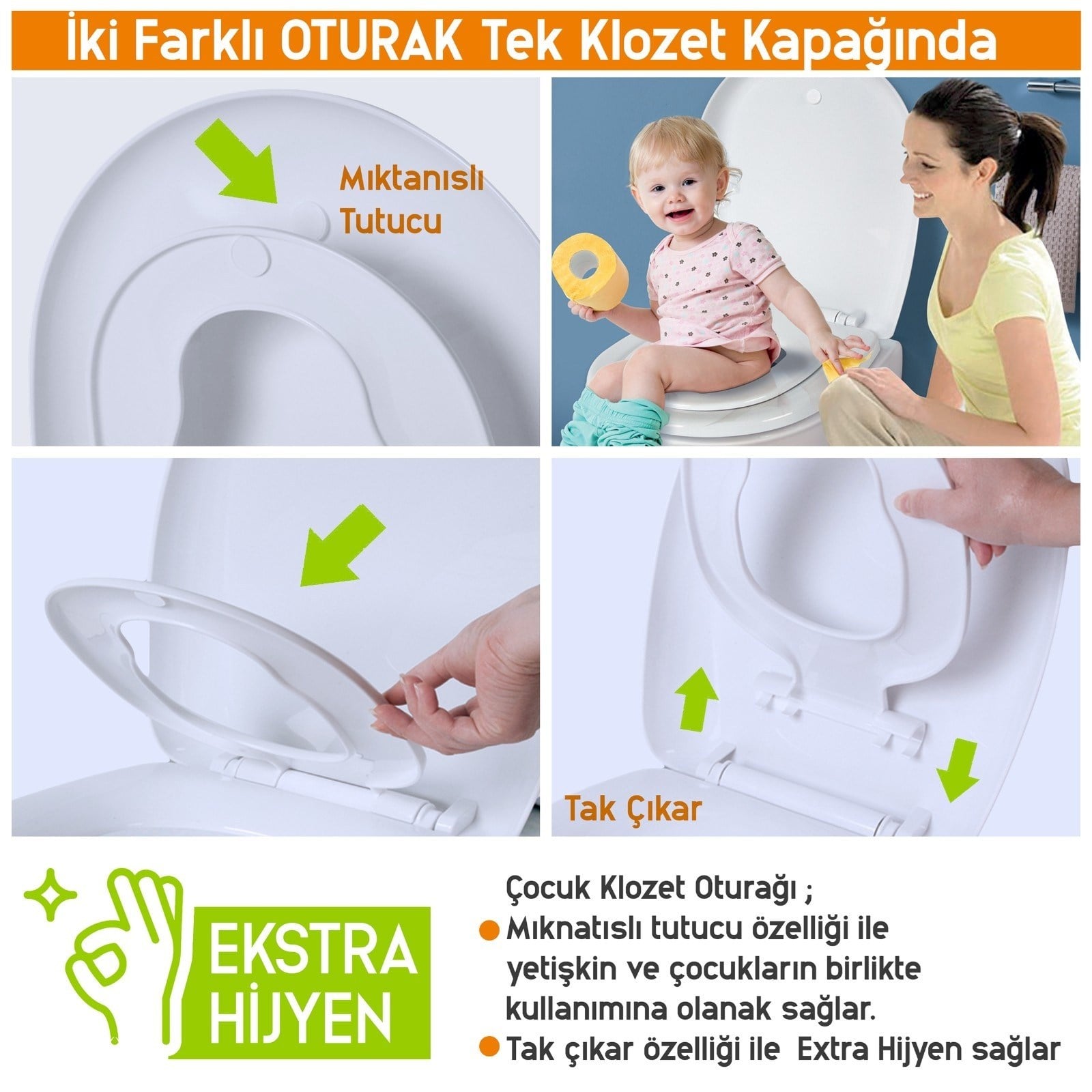 Aqua Bagno Junior D Çocuk Adaptörlü Klozet Kapağı Tak Çıkar Yavaş Kapanan Beyaz PP | 90.99.50.44