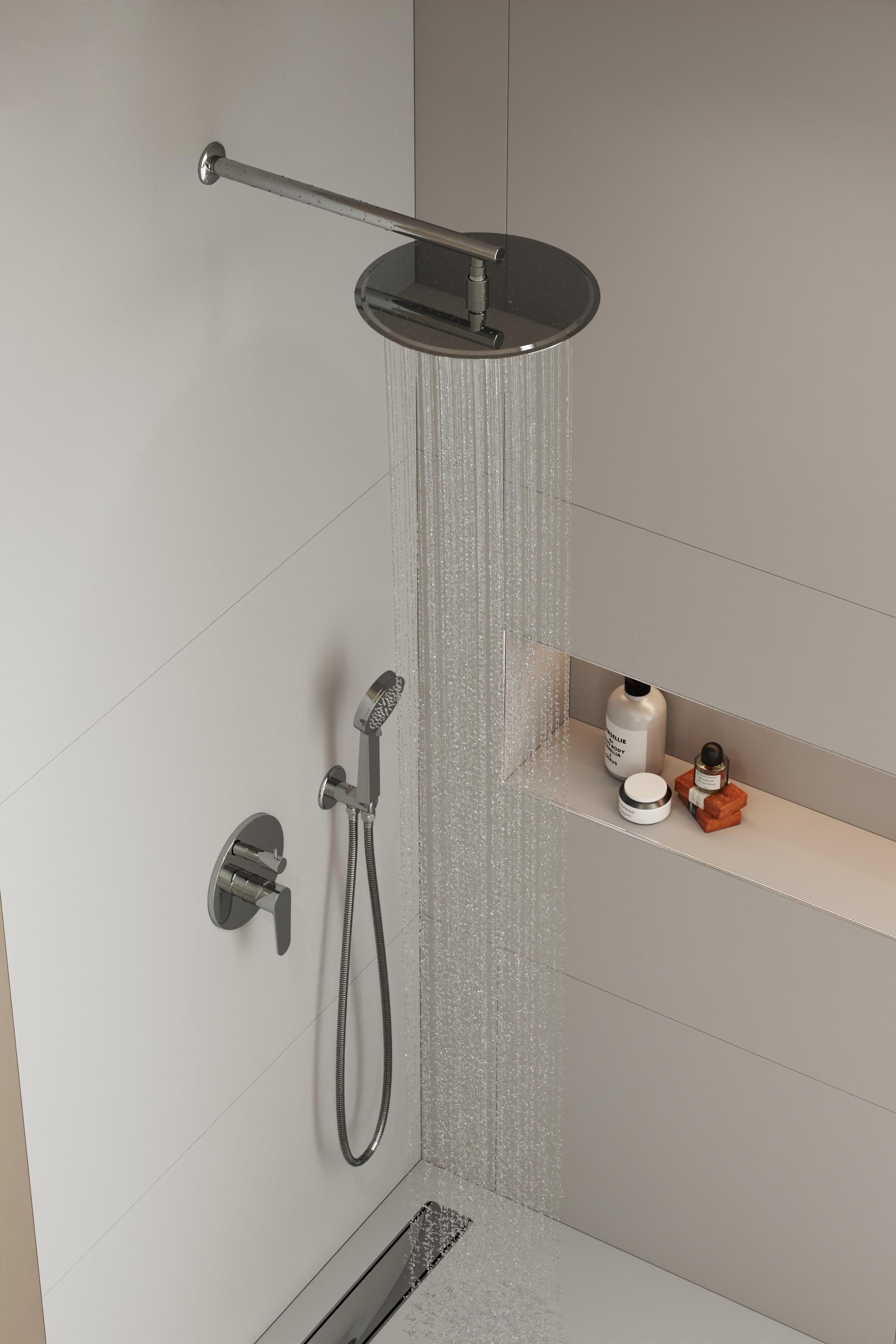Aqua Bagno Largo Tepe Duşu 30x30 cm, Duvardan Duş Kolu 42,5 cm Paslanmaz Krom - 2 Parça Set | 30.30.77.01.05
