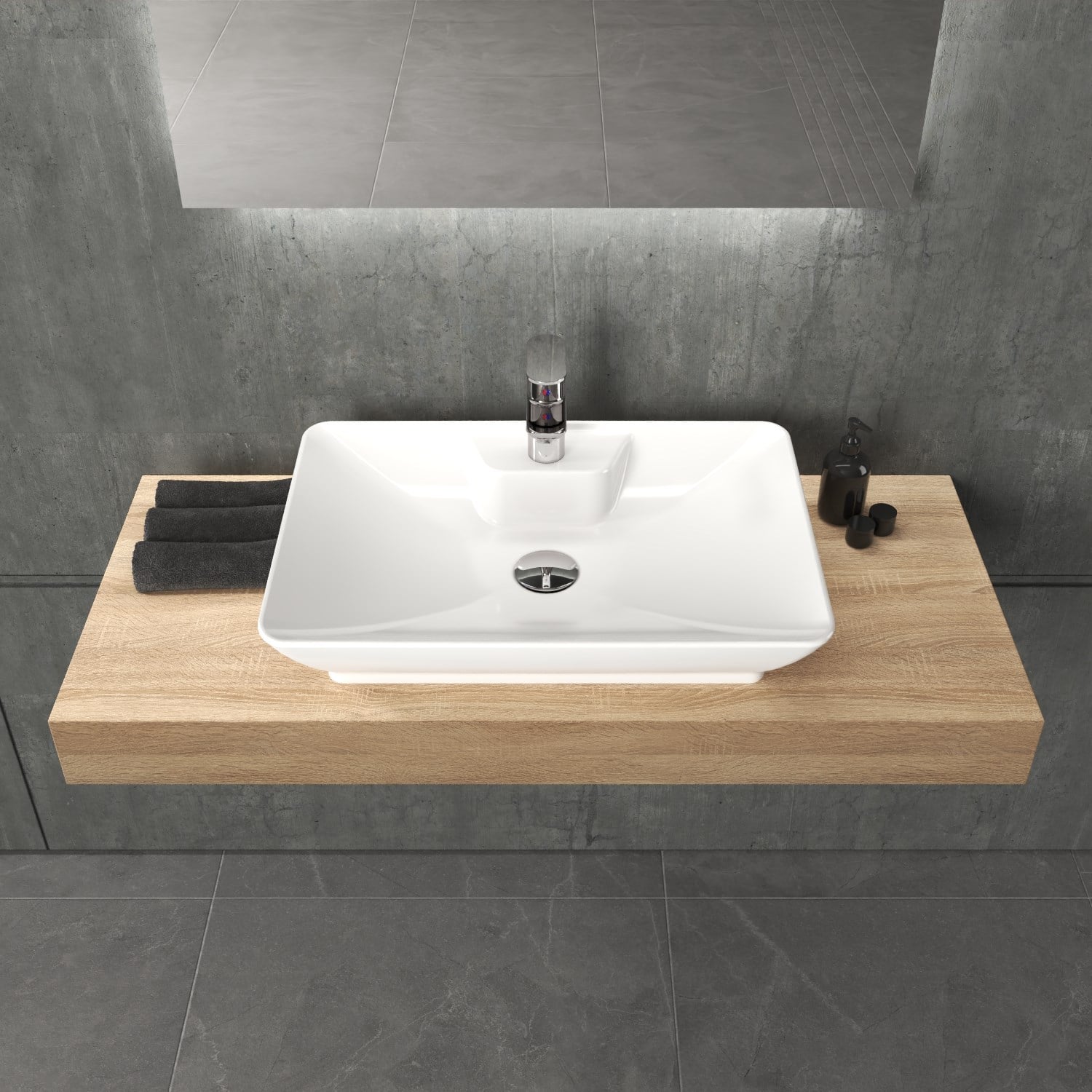 Aqua Bagno Leon Tezgah Üstü Lavabo 60x40 cm Batarya Delikli Seramik Beyaz Çanak Lavabo-1.31.62.1.NO