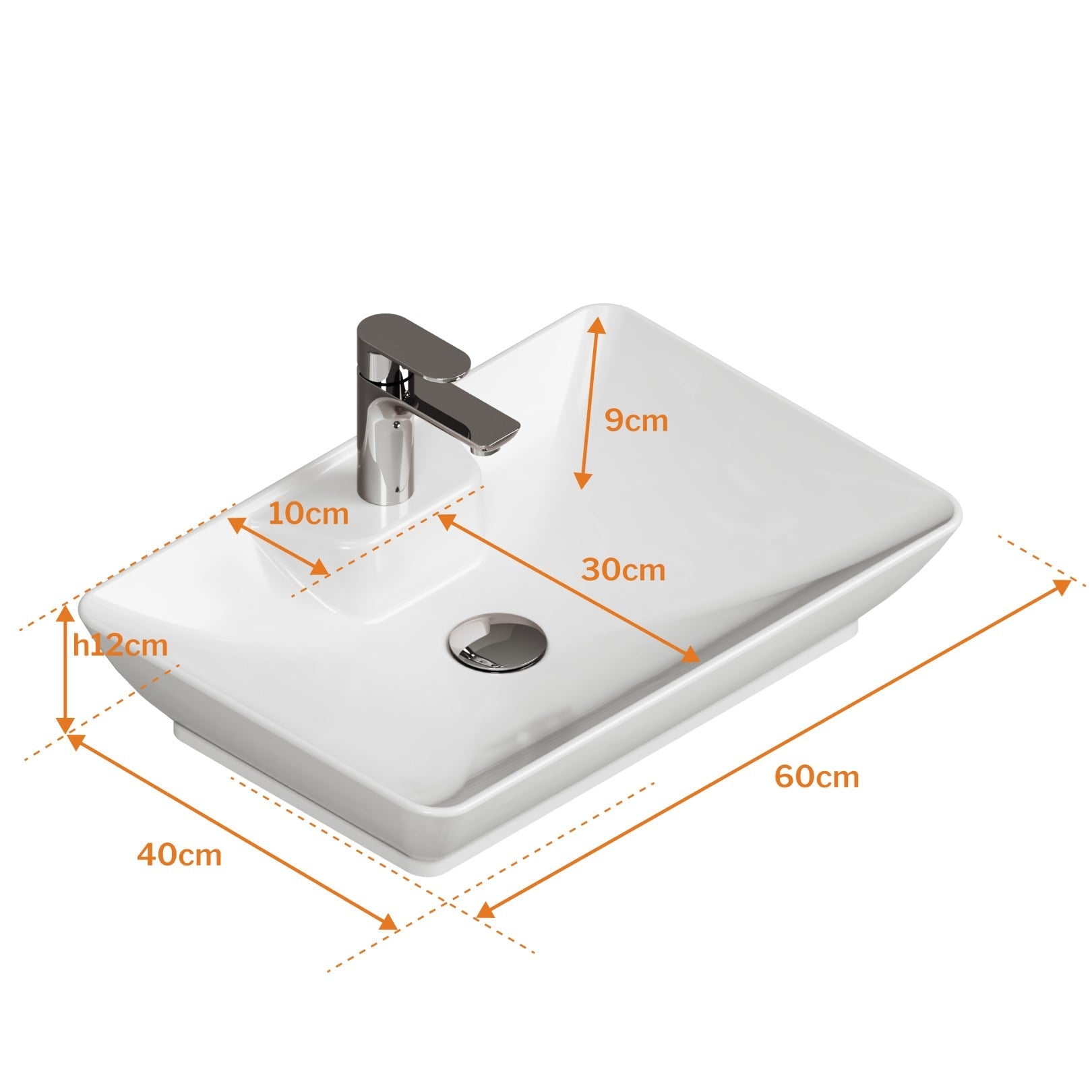 Aqua Bagno Leon Tezgah Üstü Lavabo 60x40 cm Batarya Delikli Seramik Beyaz Çanak Lavabo-1.31.62.1.NO