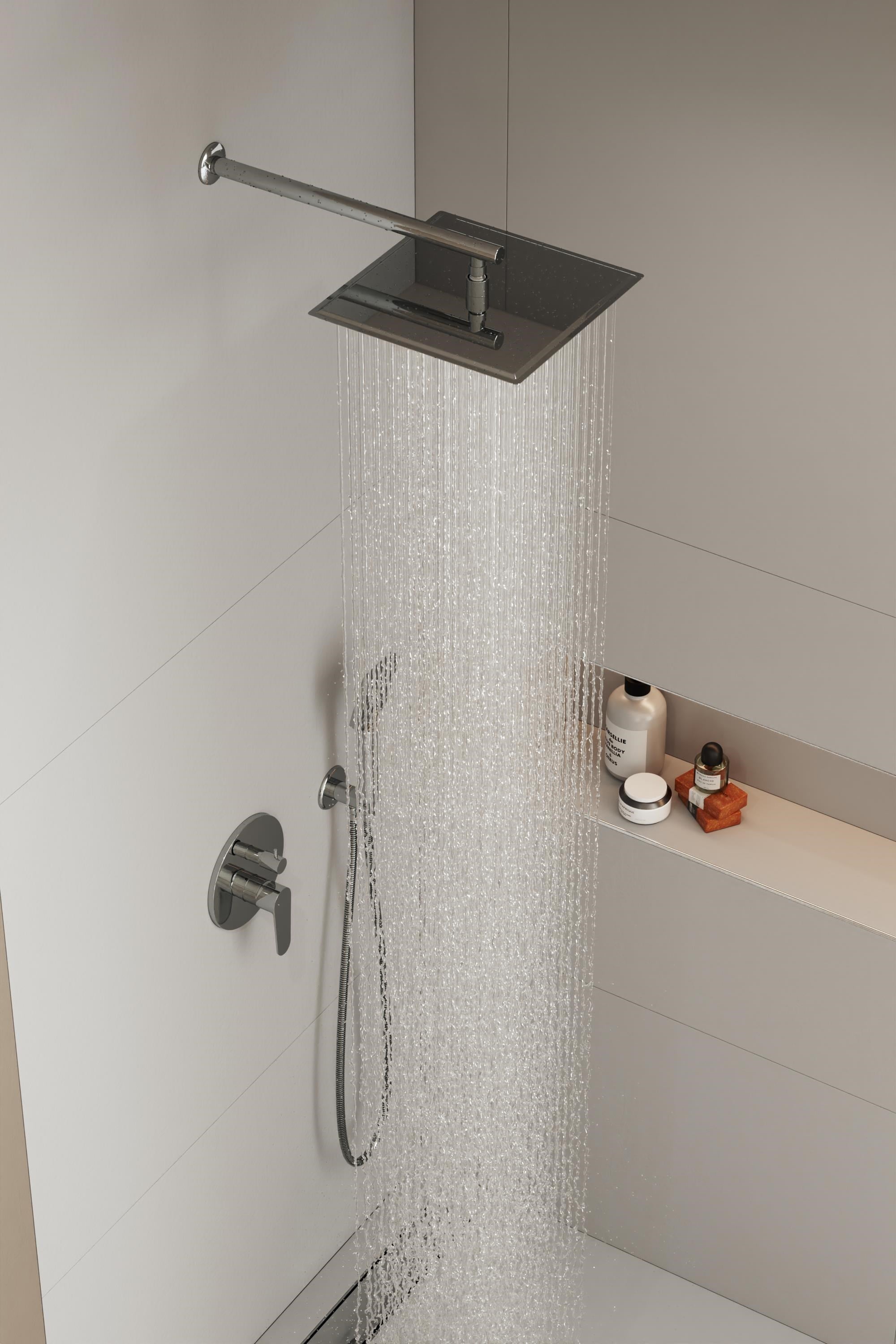 Aqua Bagno Mega Kare Tepe Duşu 30x30 cm, Duvardan Duş Kolu 42,5 cm Paslanmaz Krom - 2 Parça Set | 30.30.77.01.07