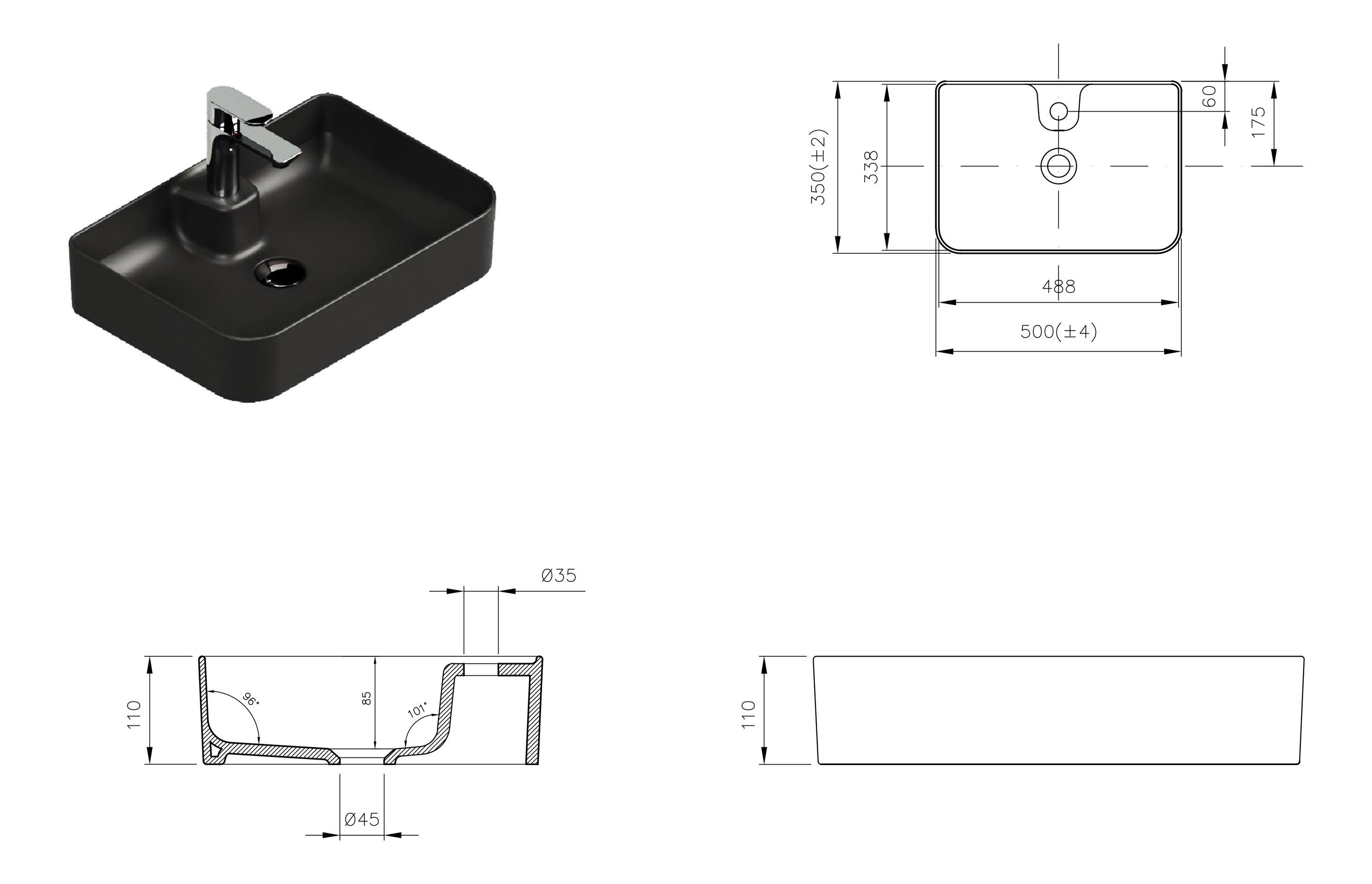 Aqua Bagno Mestola Tezgah Üstü Lavabo Batarya Delikli, 50x35 cm, Mat Siyah | 19.31.50.4.NO
