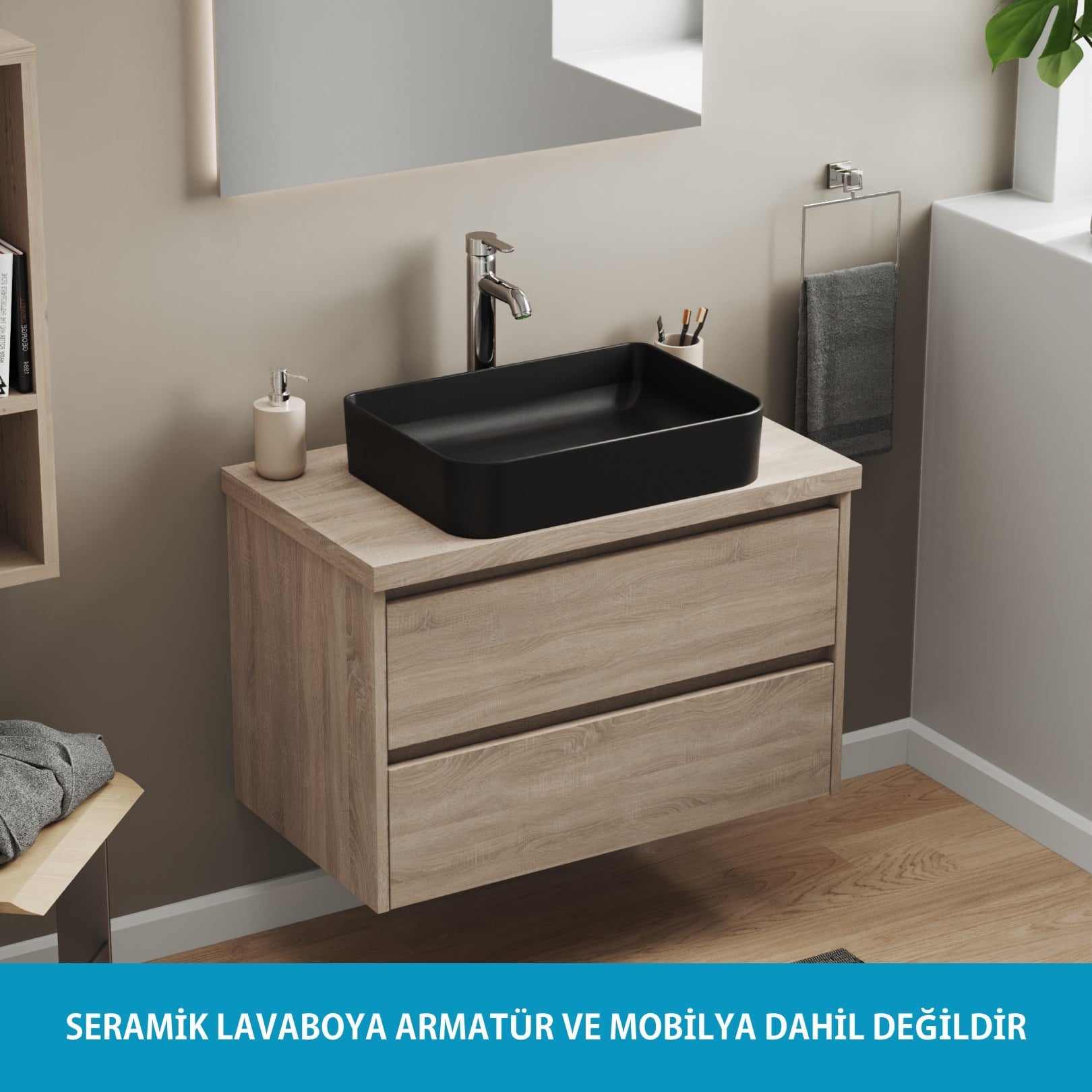 Aqua Bagno Mestola Tezgah Üstü Lavabo Batarya Deliksiz 50x35 cm Mat Siyah-19.31.50.4.NO.NT