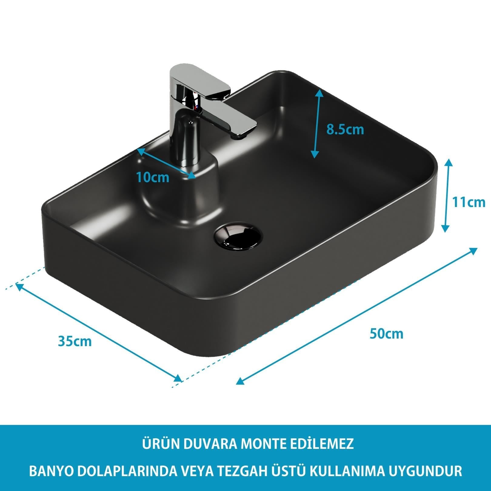 Aqua Bagno Mestola Tezgah Üstü Lavabo Batarya Delikli, 50x35 cm, Mat Siyah | 19.31.50.4.NO