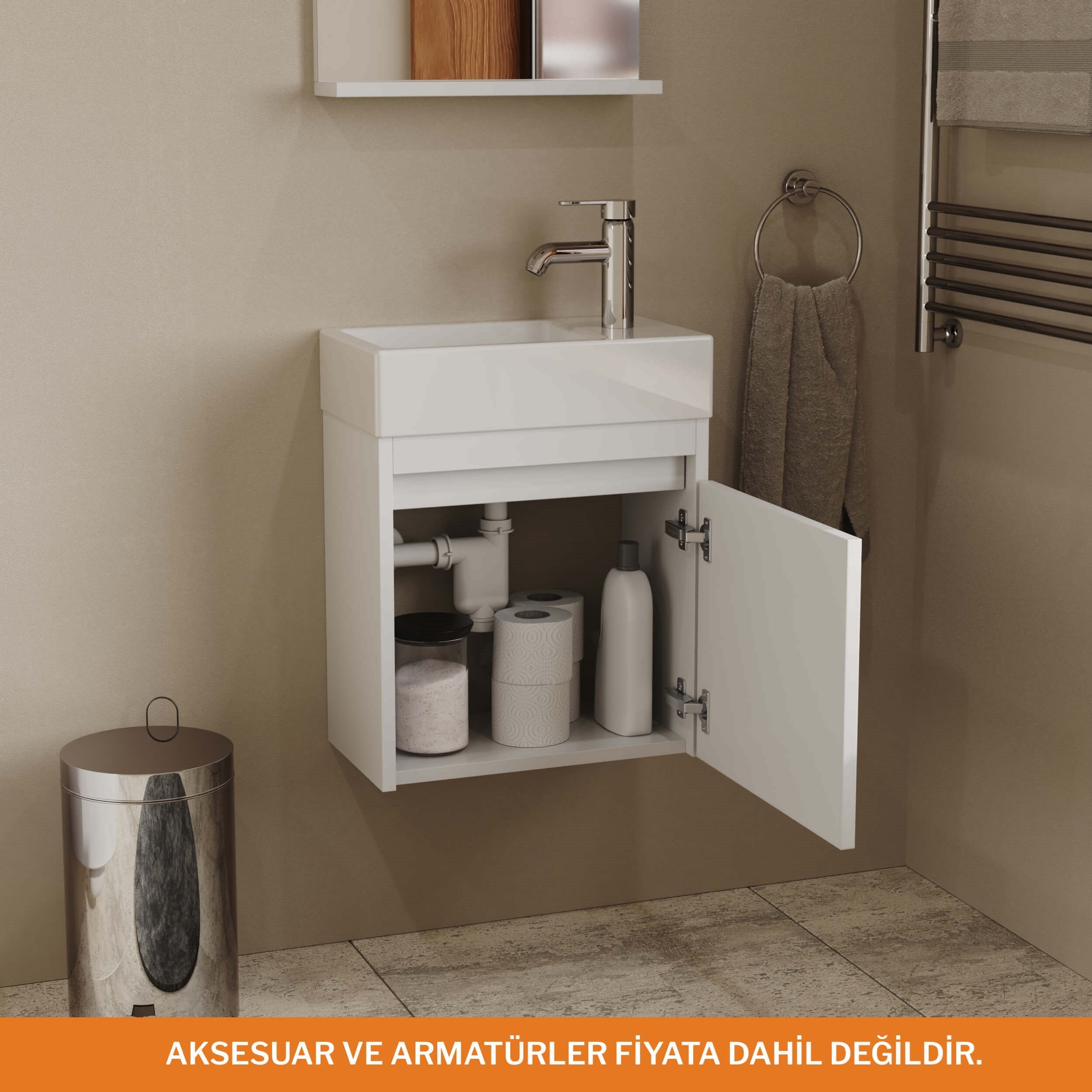 Aqua Bagno Minizia Banyo Dolabı 45 x 26 cm. Beyaz,Lavabo Dahil | ABS.50.35.01.01