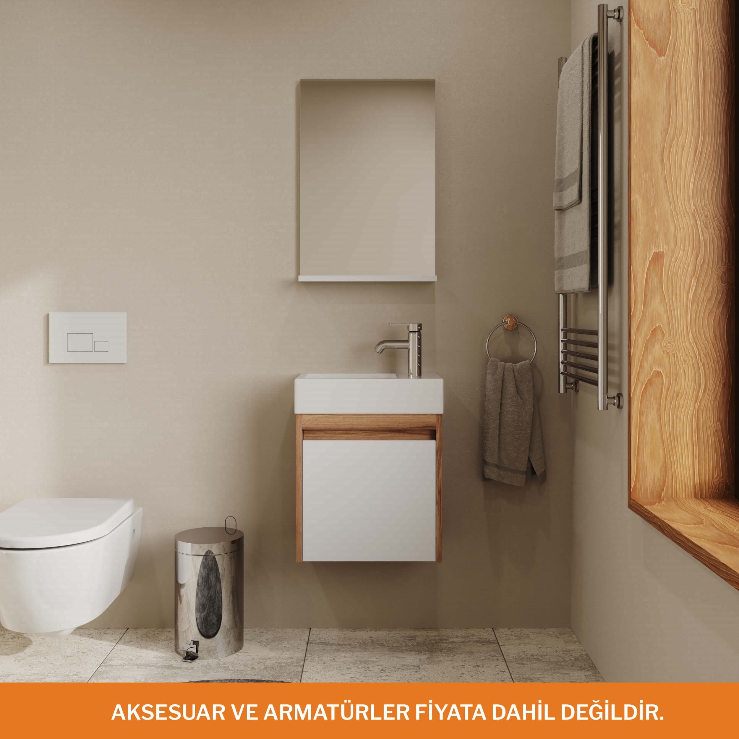 Aqua Bagno Minizia Banyo Dolabı 45 x 26 cm. Doğal Ceviz  -Beyaz  ,Lavabo Dahil | ABS.50.35.06.01