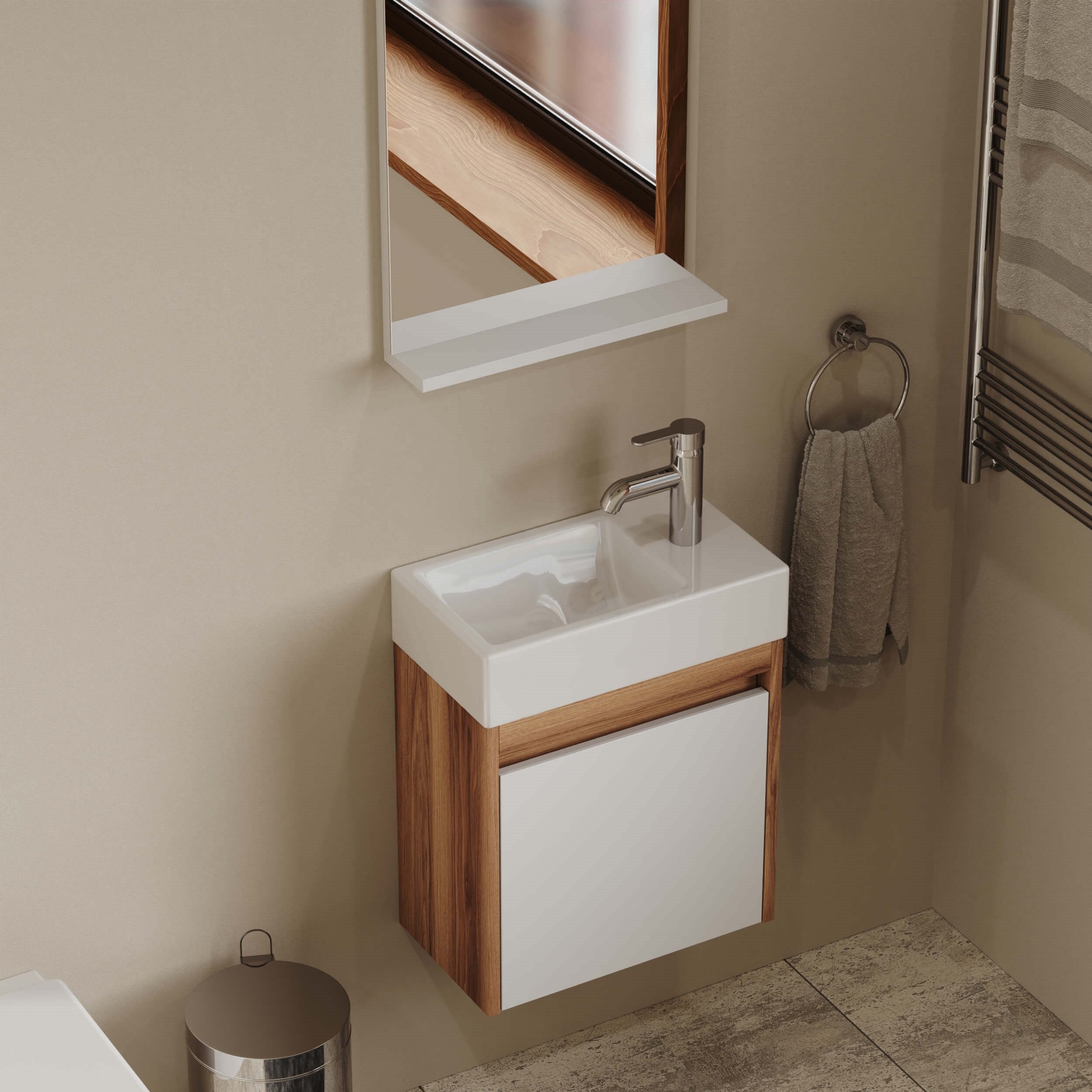 Aqua Bagno Minizia Banyo Dolabı 45 x 26 cm. Doğal Ceviz  -Beyaz  ,Lavabo Dahil | ABS.50.35.06.01