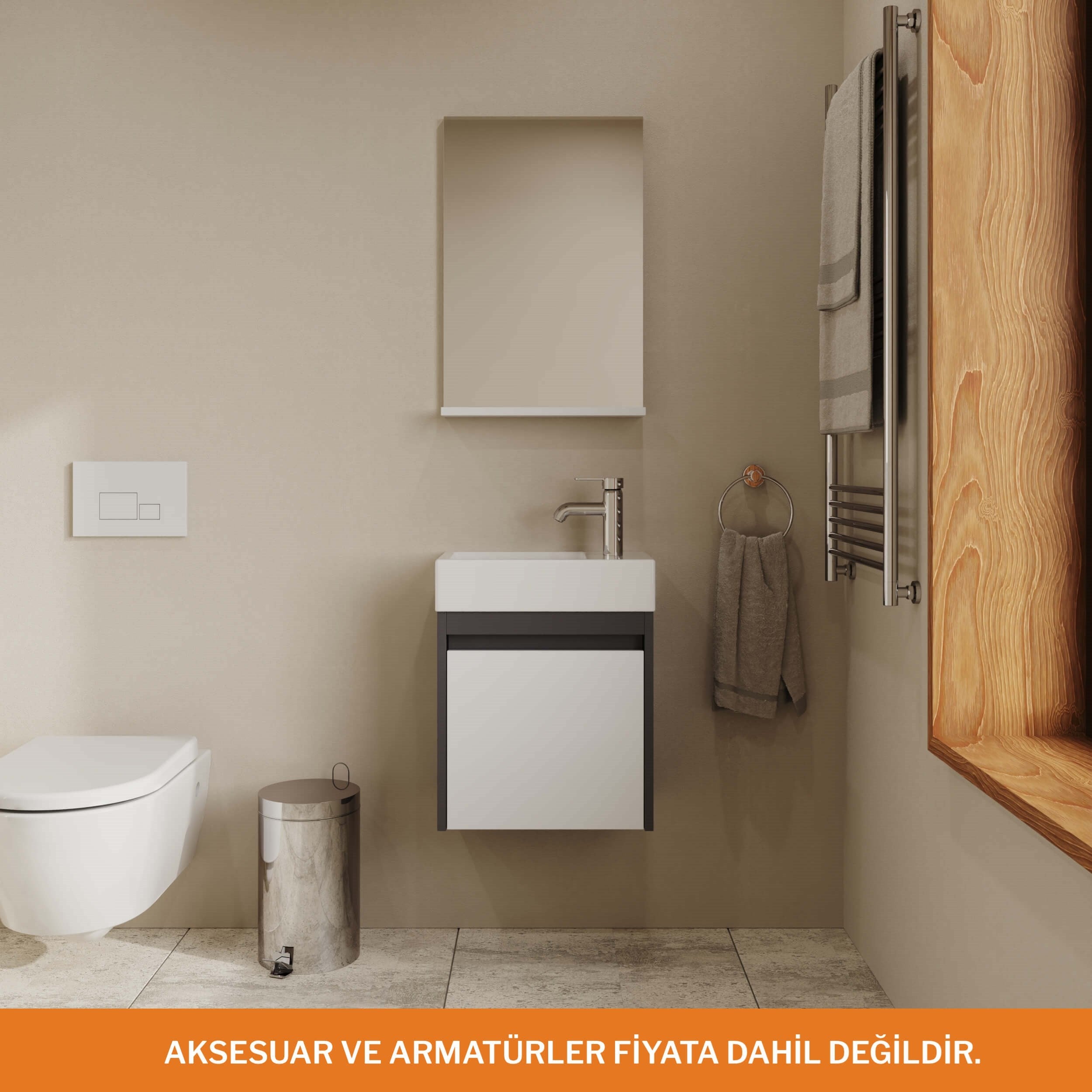 Aqua Bagno Minizia Banyo Dolabı 45 x 32 cm. Antrasit -Beyaz ,Lavabo Dahil | ABS.50.35.08.02