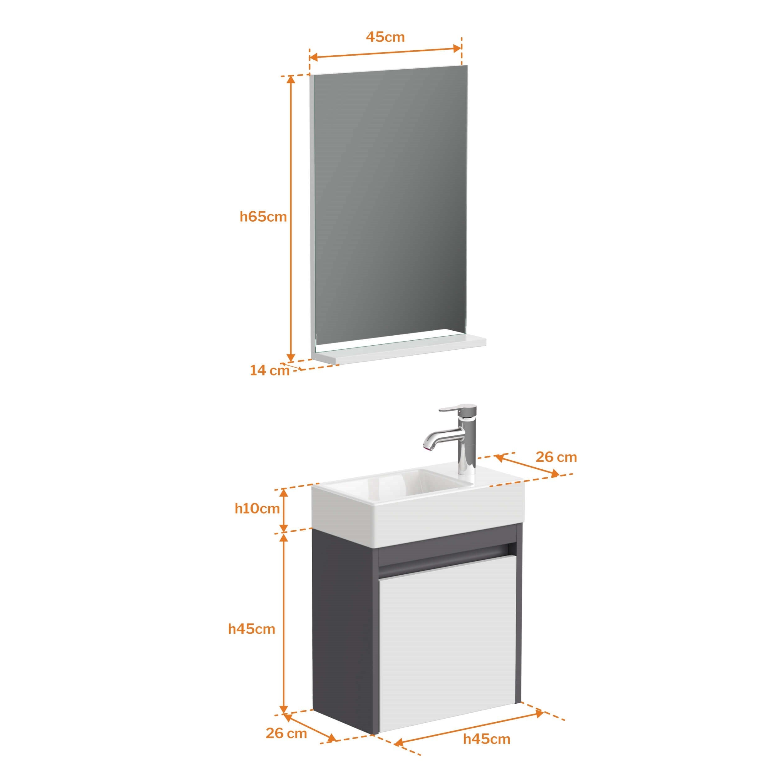 Aqua Bagno Minizia Banyo Dolabı 45 x 32 cm. Antrasit -Beyaz ,Lavabo Dahil | ABS.50.35.08.02