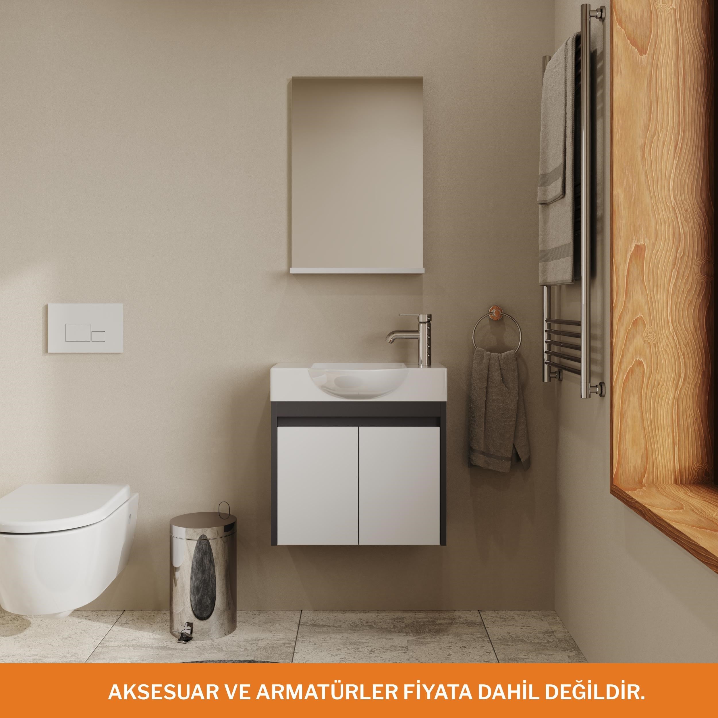 Aqua Bagno Minizia Banyo Dolabı  55 x 32 cm. Antrasit Beyaz ,Lavabo Dahil | ABS.50.35.08.03