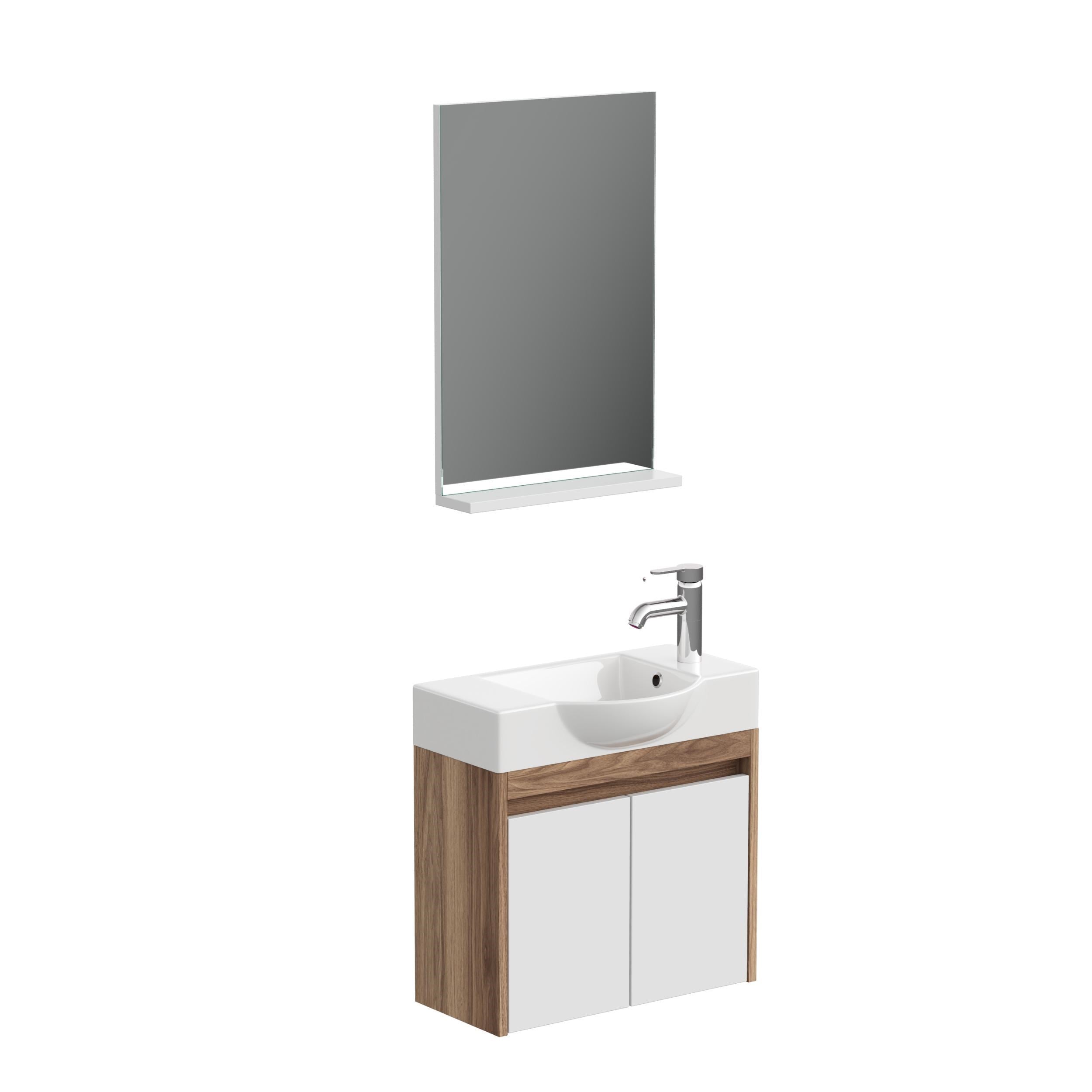 Aqua Bagno Minizia Banyo Dolabı  55 x 32  cm. Doğal Ceviz  -Beyaz ,Lavabo Dahil | ABS.50.35.06.03