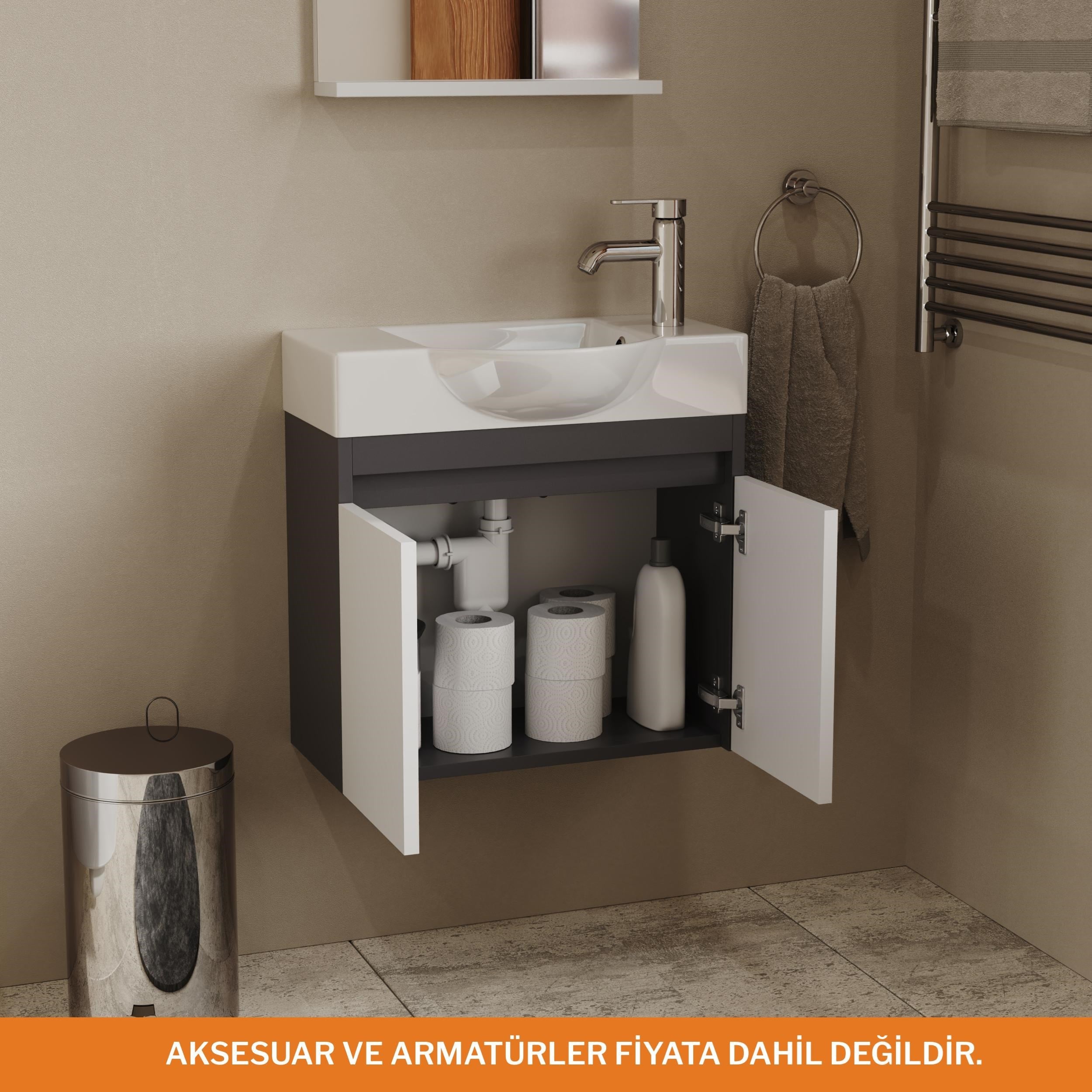 Aqua Bagno Minizia Banyo Dolabı  55 x 32 cm. Antrasit Beyaz ,Lavabo Dahil | ABS.50.35.08.03