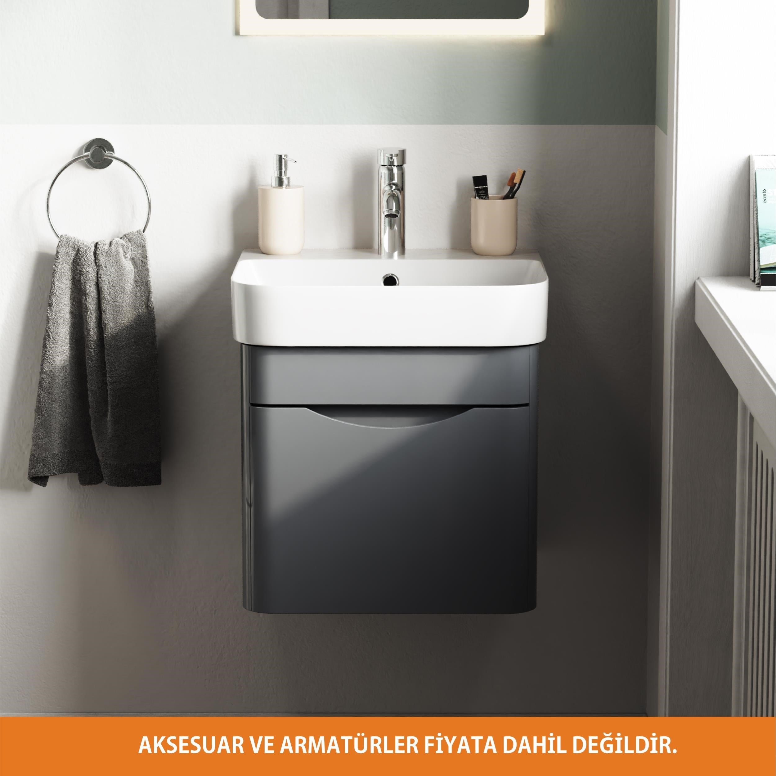 Aqua Bagno Piccolo 2.0 Alt Dolap  48 cm. Antrasit Gri Parlak-Lavabo dahil