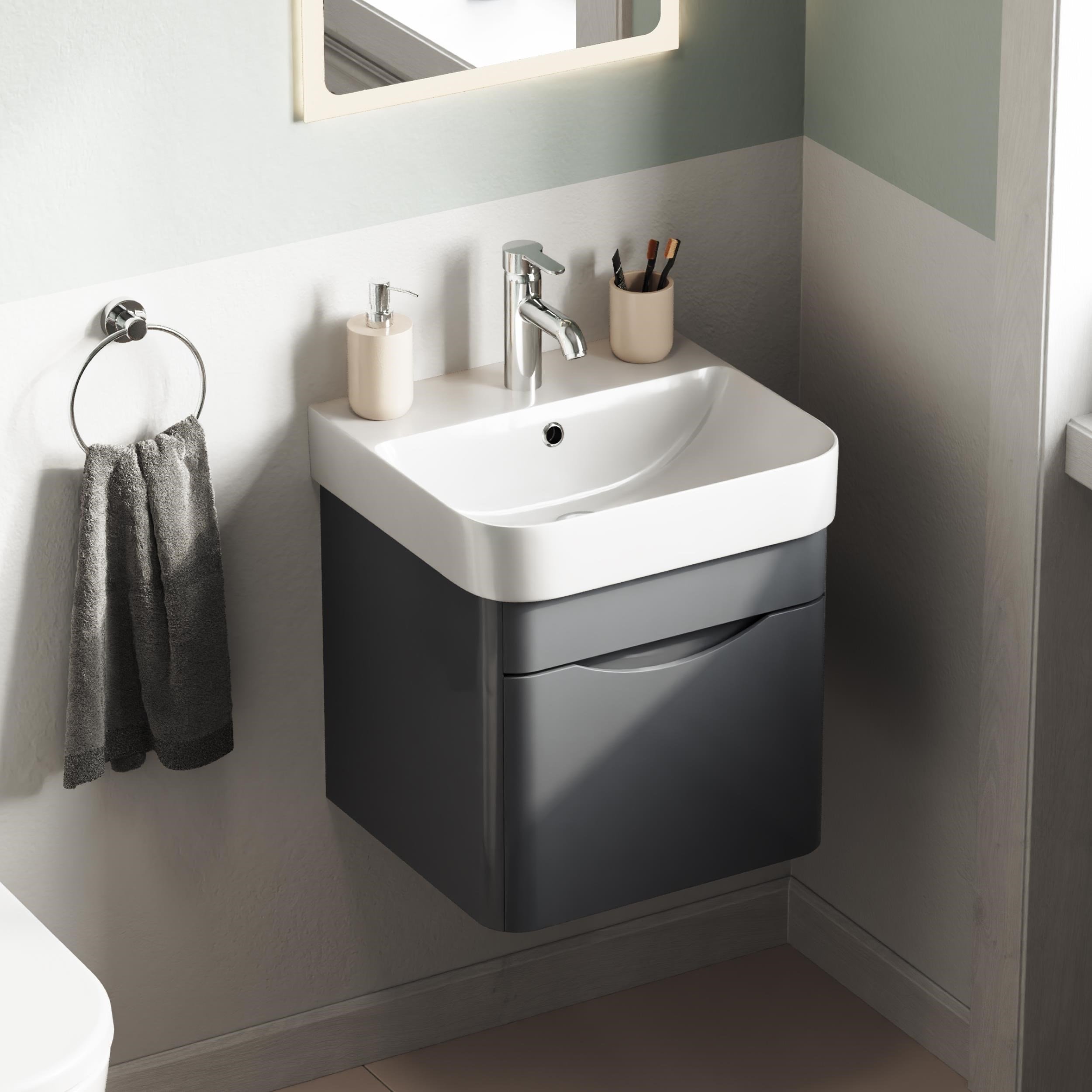 Aqua Bagno Piccolo 2.0 Alt Dolap  48 cm. Antrasit Gri Parlak-Lavabo dahil