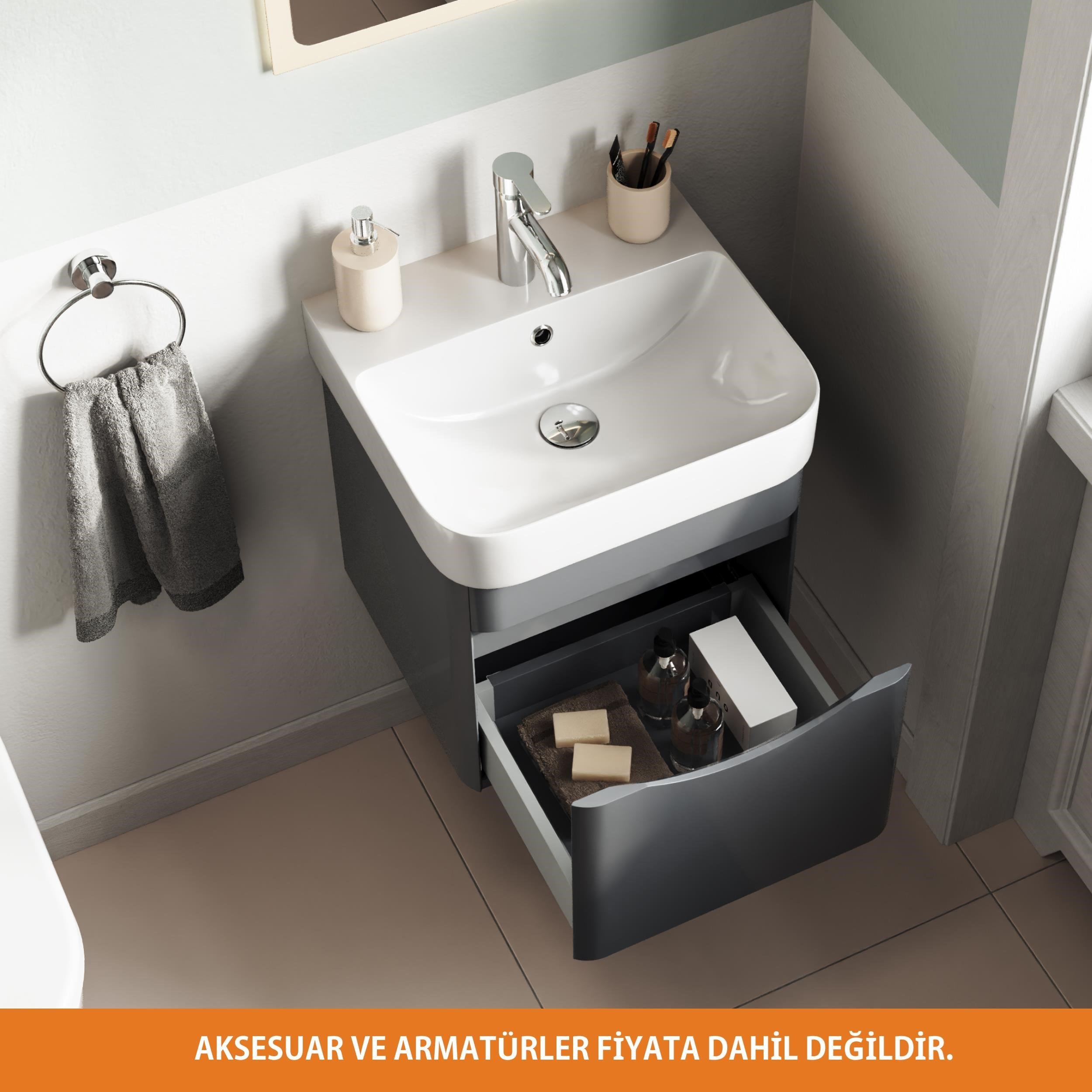 Aqua Bagno Piccolo 2.0 Alt Dolap  48 cm. Antrasit Gri Parlak-Lavabo dahil