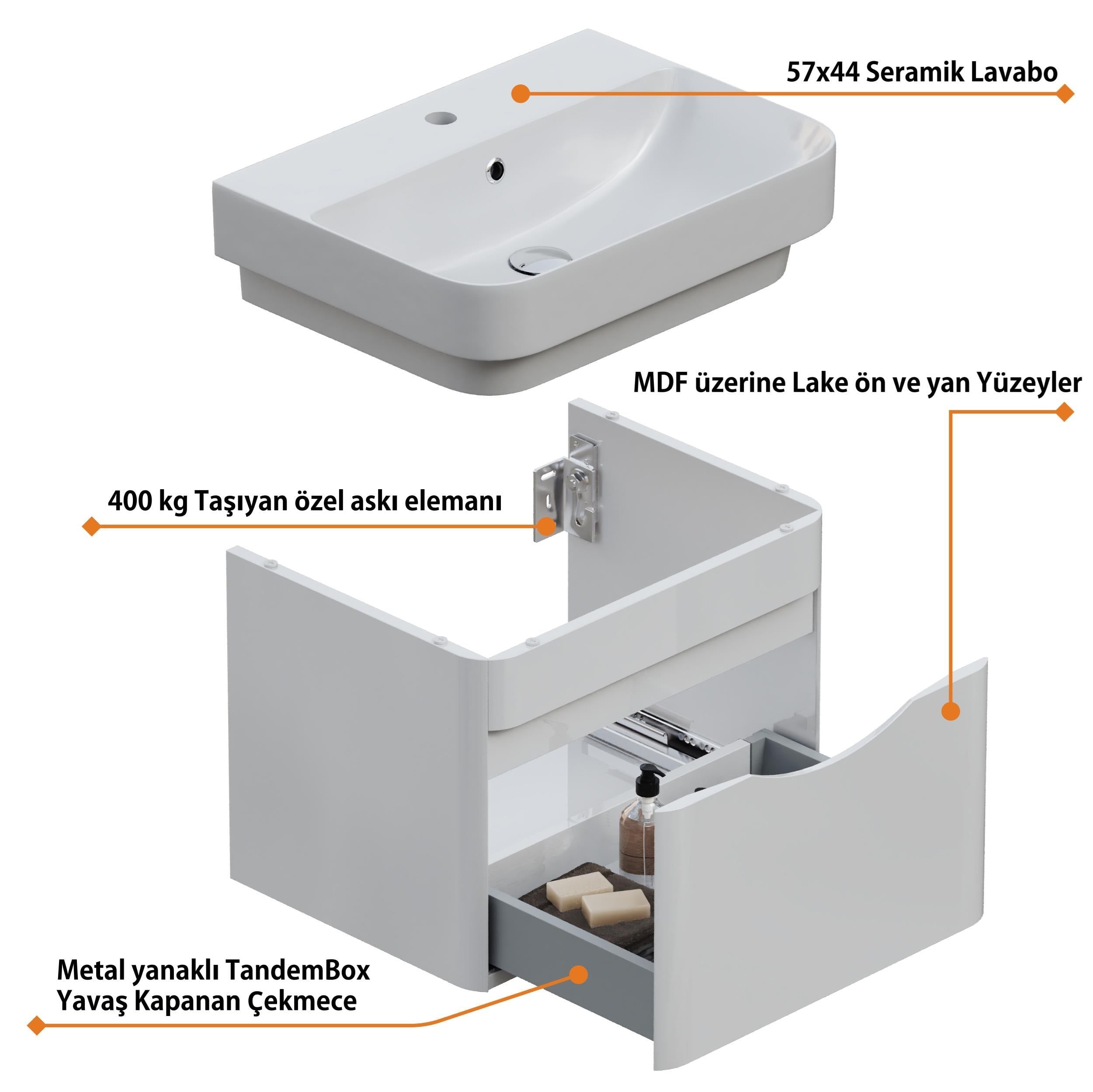 Aqua Bagno Piccolo 2.0 Alt Dolap 57 cm. Parlak Beyaz -Lavabo dahil