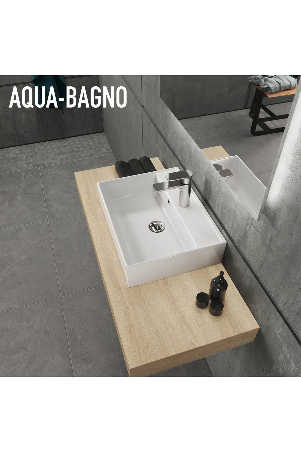 Aqua Bagno Plan Tezgah Üstü Kare Çanak Lavabo, 50x38 cm. Beyaz | 10.16.30.02.2