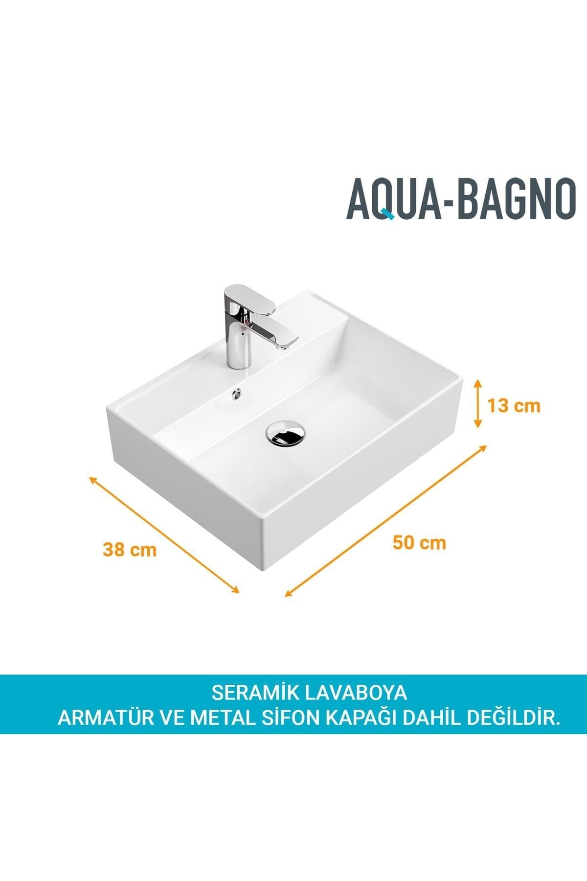Aqua Bagno Plan Tezgah Üstü Kare Çanak Lavabo, 50x38 cm. Beyaz | 10.16.30.02.2