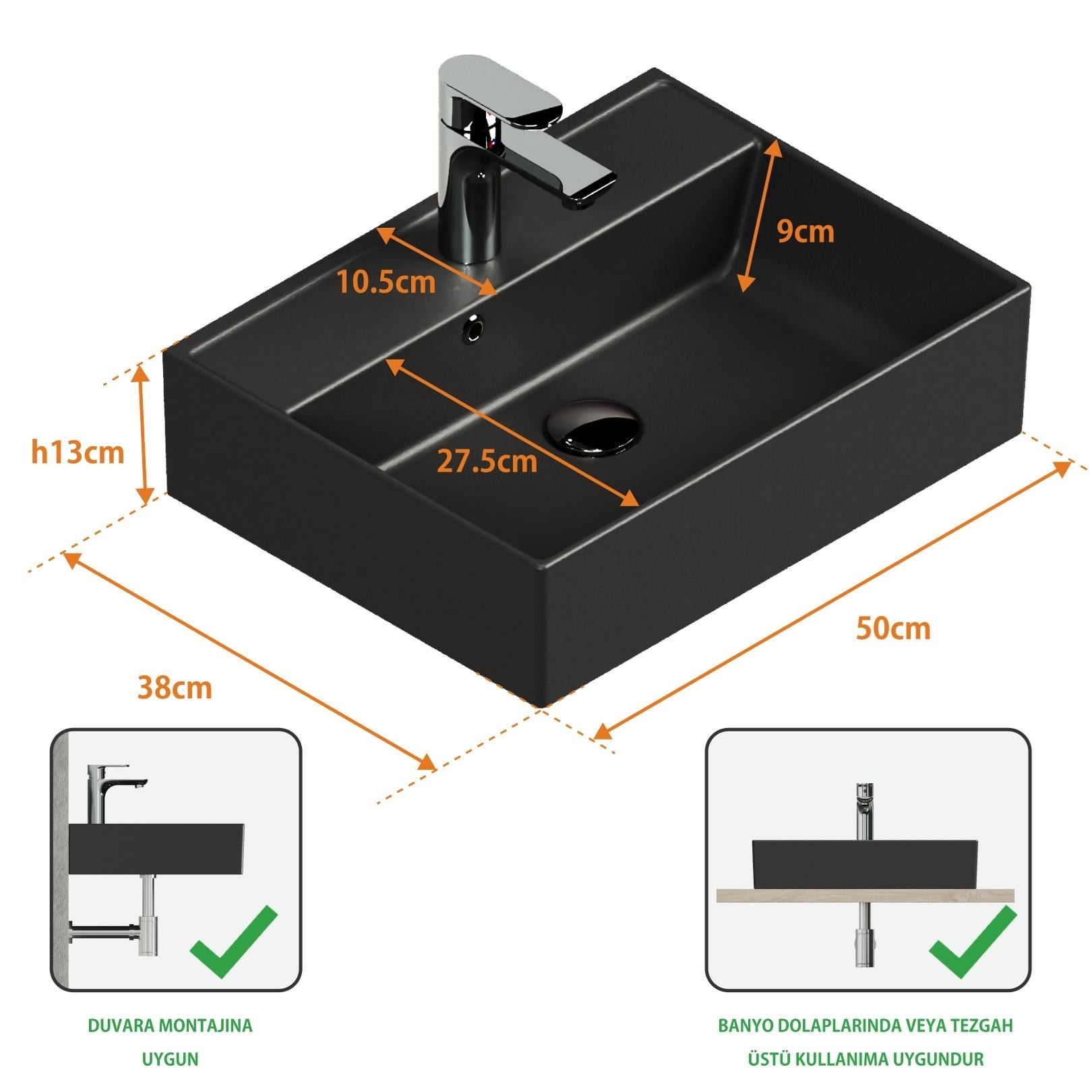 Aqua Bagno Plan Tezgah Üstü Kare Çanak  Lavabo , 50x38 cm.  Mat Siyah 
