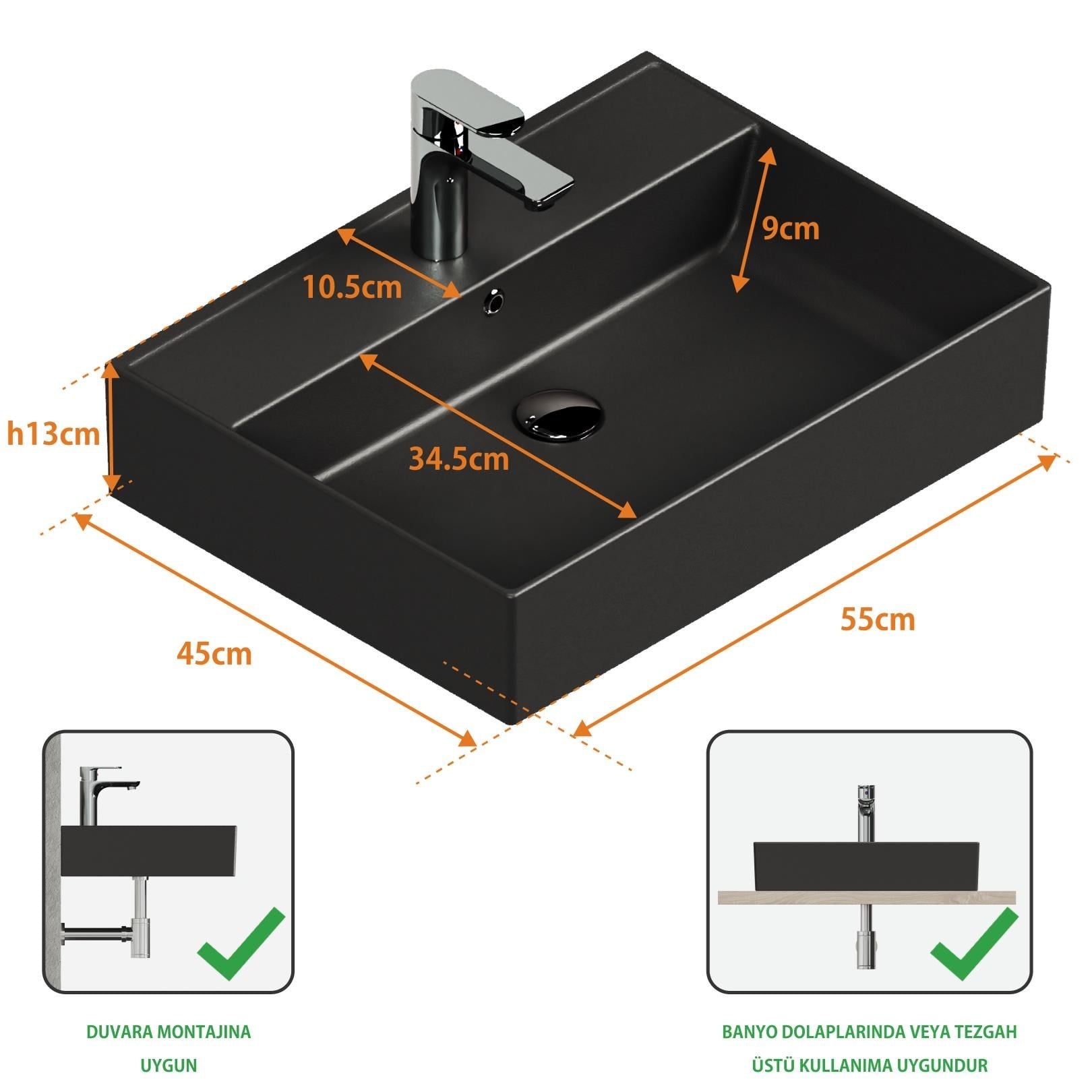 Aqua Bagno Plan Tezgah Üstü Kare Lavabo, 55x45 cm Mat Siyah | 10.16.30.03.04