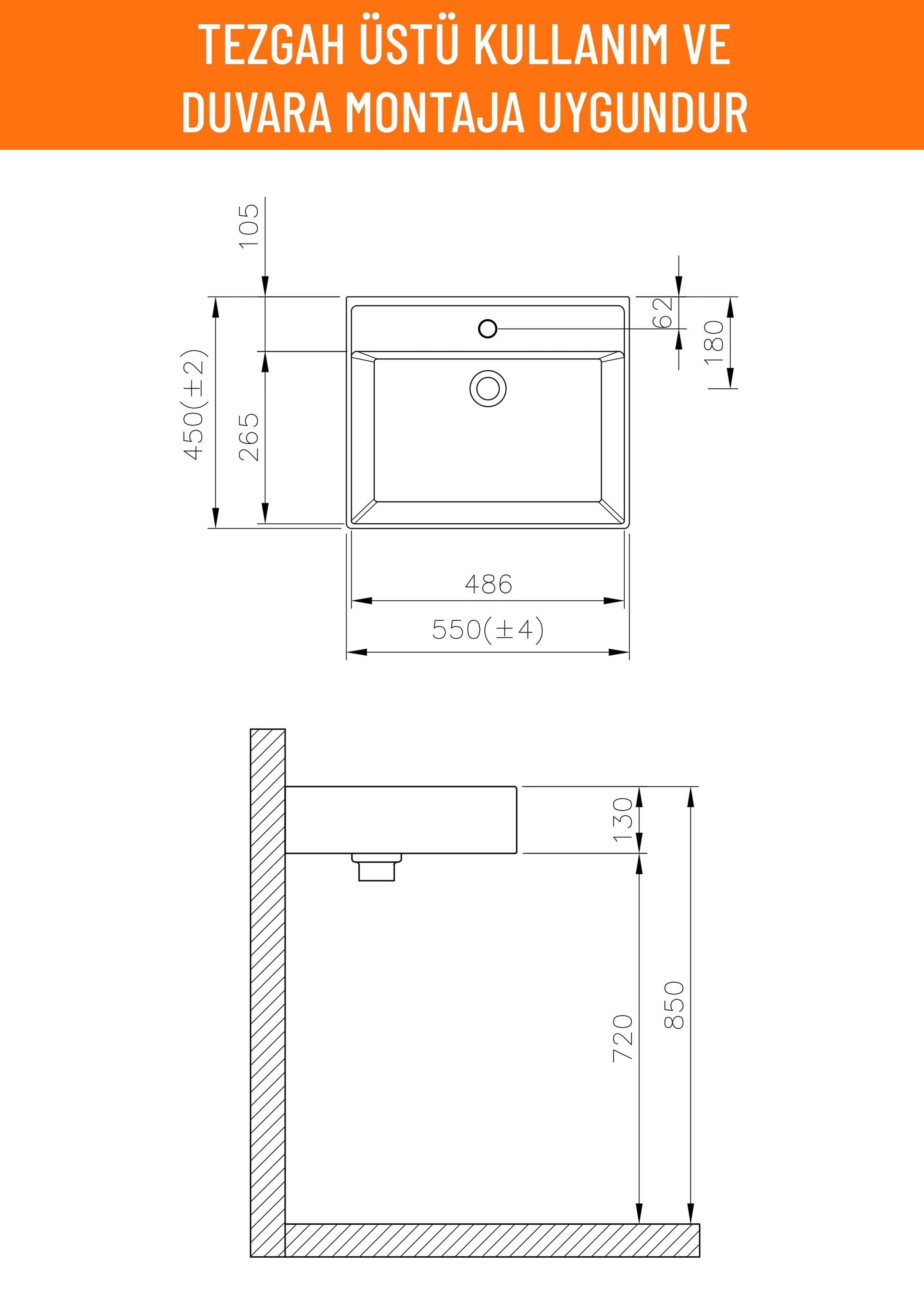 Aqua Bagno Plan Tezgah Üstü Kare Lavabo, 55x45 cm Beyaz | 10.16.30.03.2