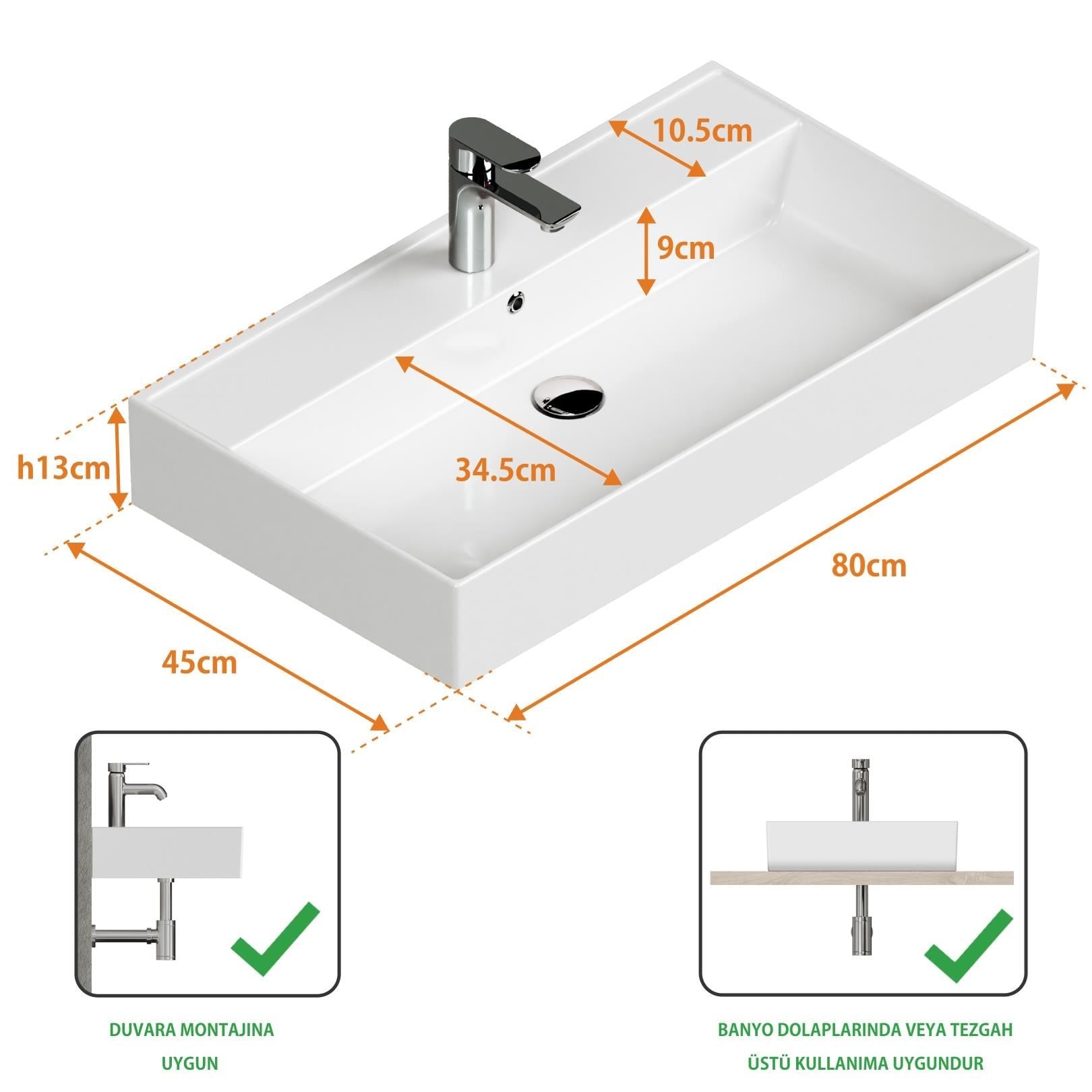 Aqua Bagno Plan Tezgah Üstü Kare Lavabo , 80 x 45 cm., Beyaz