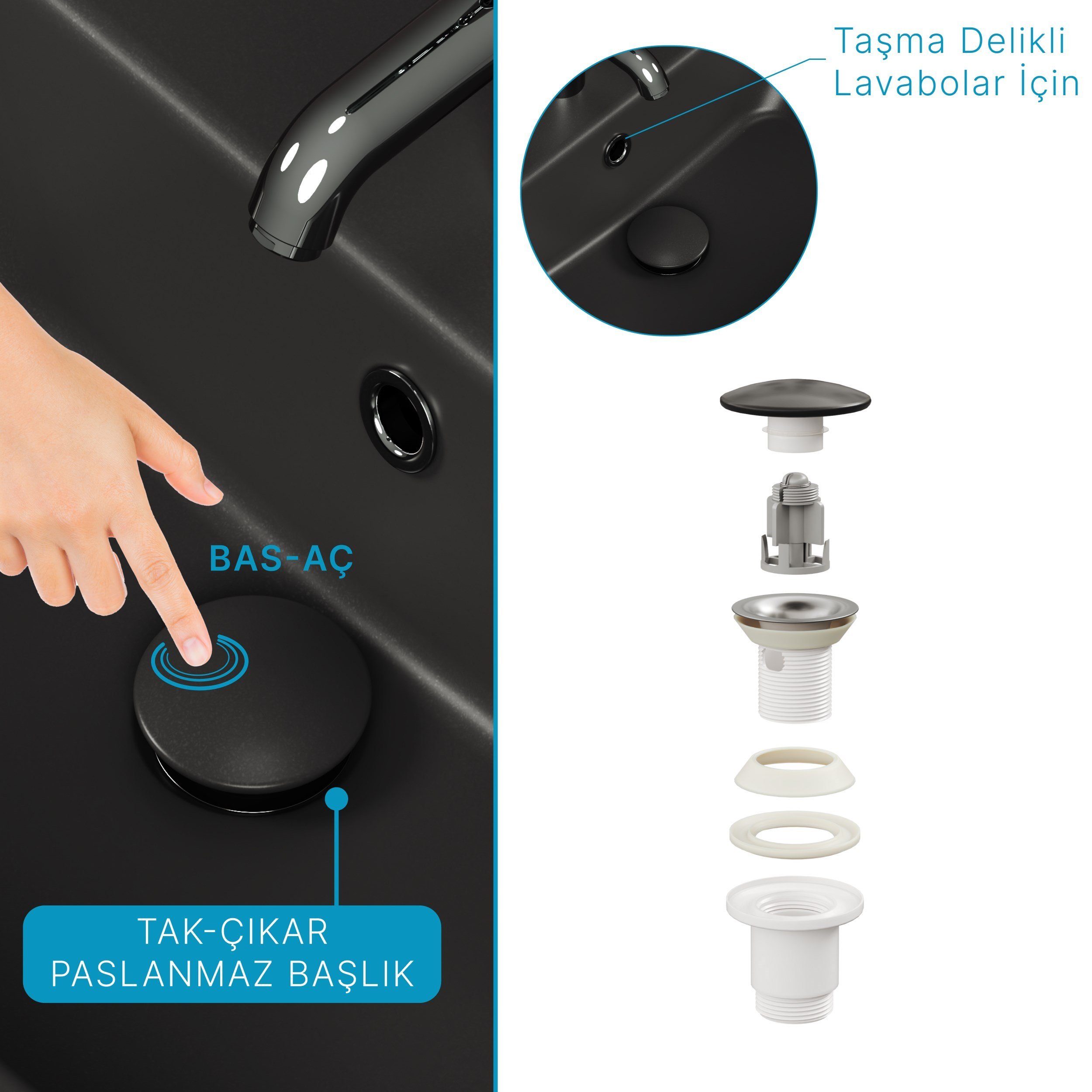 Aqua Bagno Pop-up Sifon, Mat Siyah Seramik Başlıklı,Taşma Delikli, (1 -1/4)  | 90.99.05.05.04