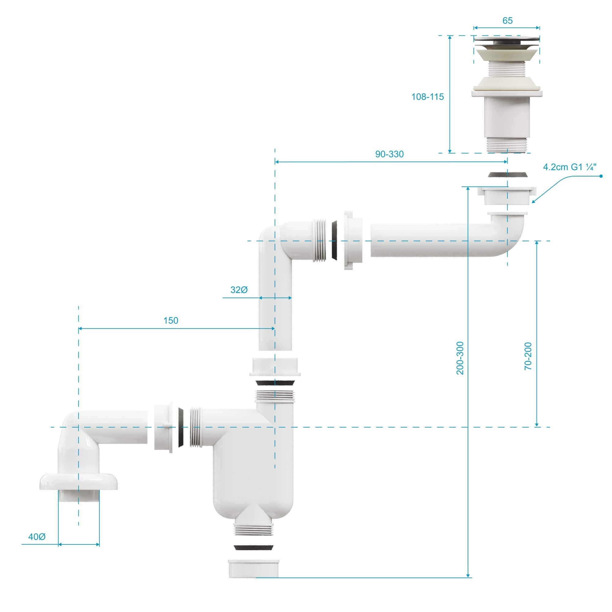 Aqua Bagno  Smart Pop-up  sifon , Taşma Deliksiz  Krom +Comfort Yer Kazandıran Lavabo Sifonu -2 Parça Set | 90.99.07.02.02