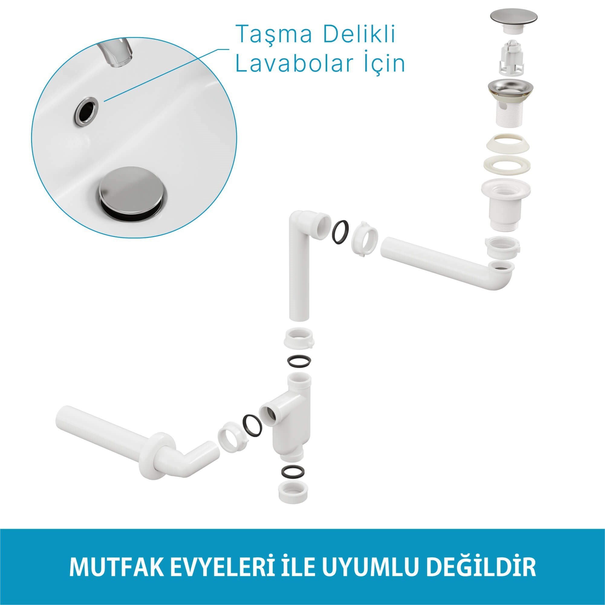Aqua Bagno  Smart Pop-up  sifon , Taşma Delikli  Krom +Comfort Yer Kazandıran Lavabo  sifonu -2 Parç